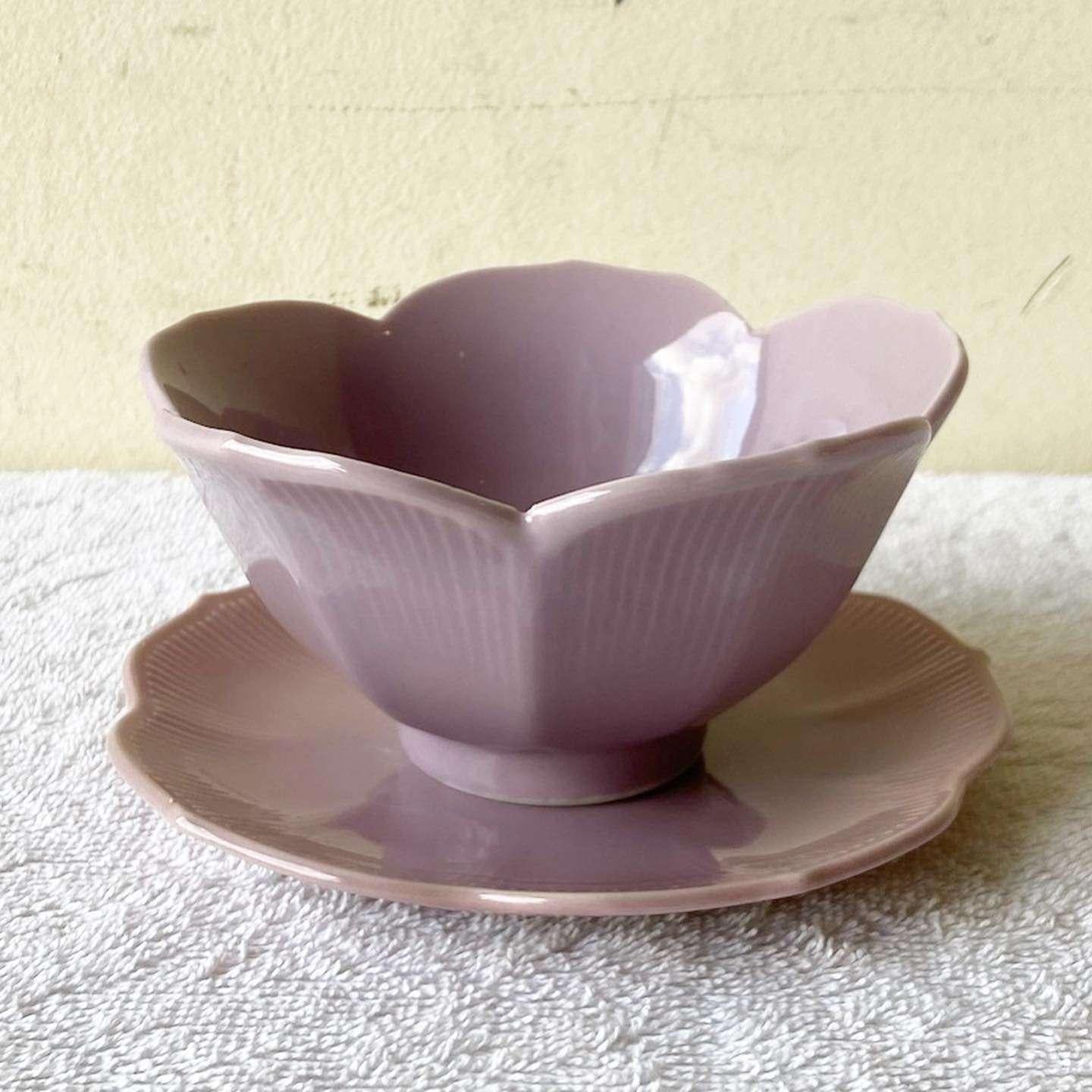 Japanese Purple, Pink, Blue and Yellow Lillian Venon Lotus Bowls and Saucers, 8 Pieces For Sale
