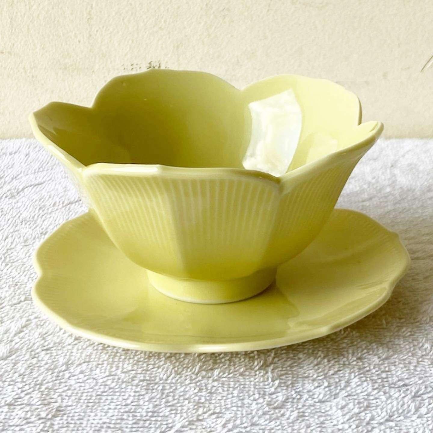 Ceramic Purple, Pink, Blue and Yellow Lillian Venon Lotus Bowls and Saucers, 8 Pieces For Sale