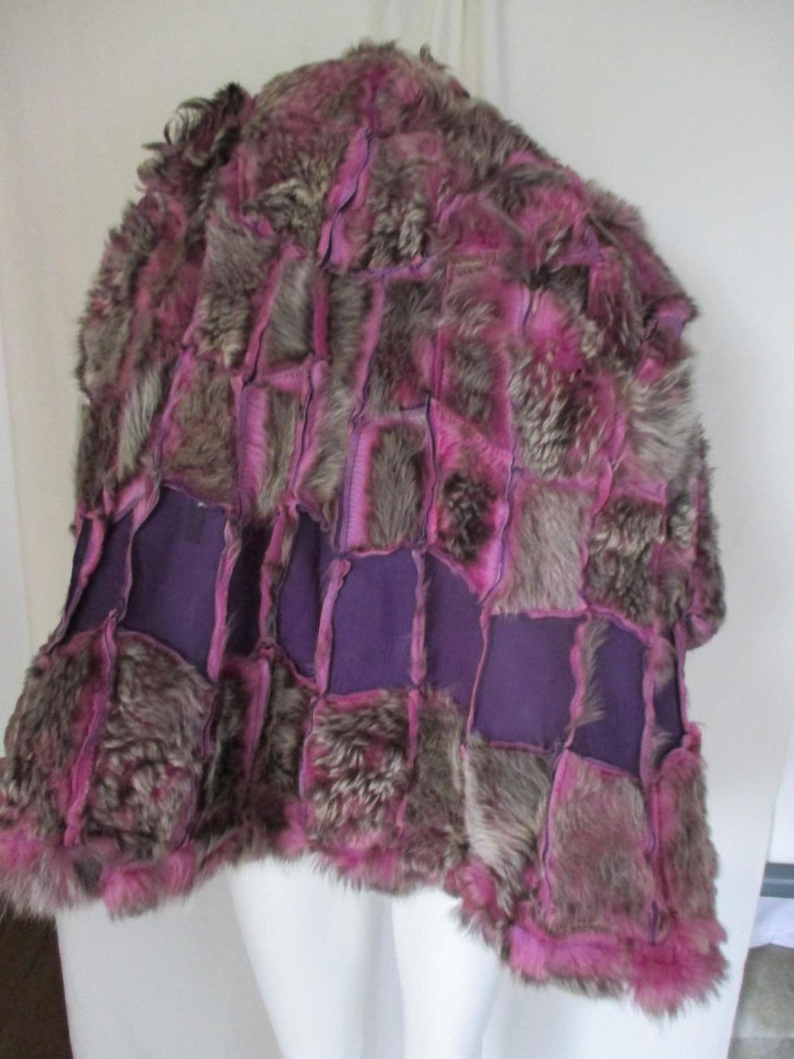 Purple Pink Hooded Leather Shearling Fur Coat 2