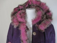 Purple Pink Hooded Leather Shearling Fur Coat