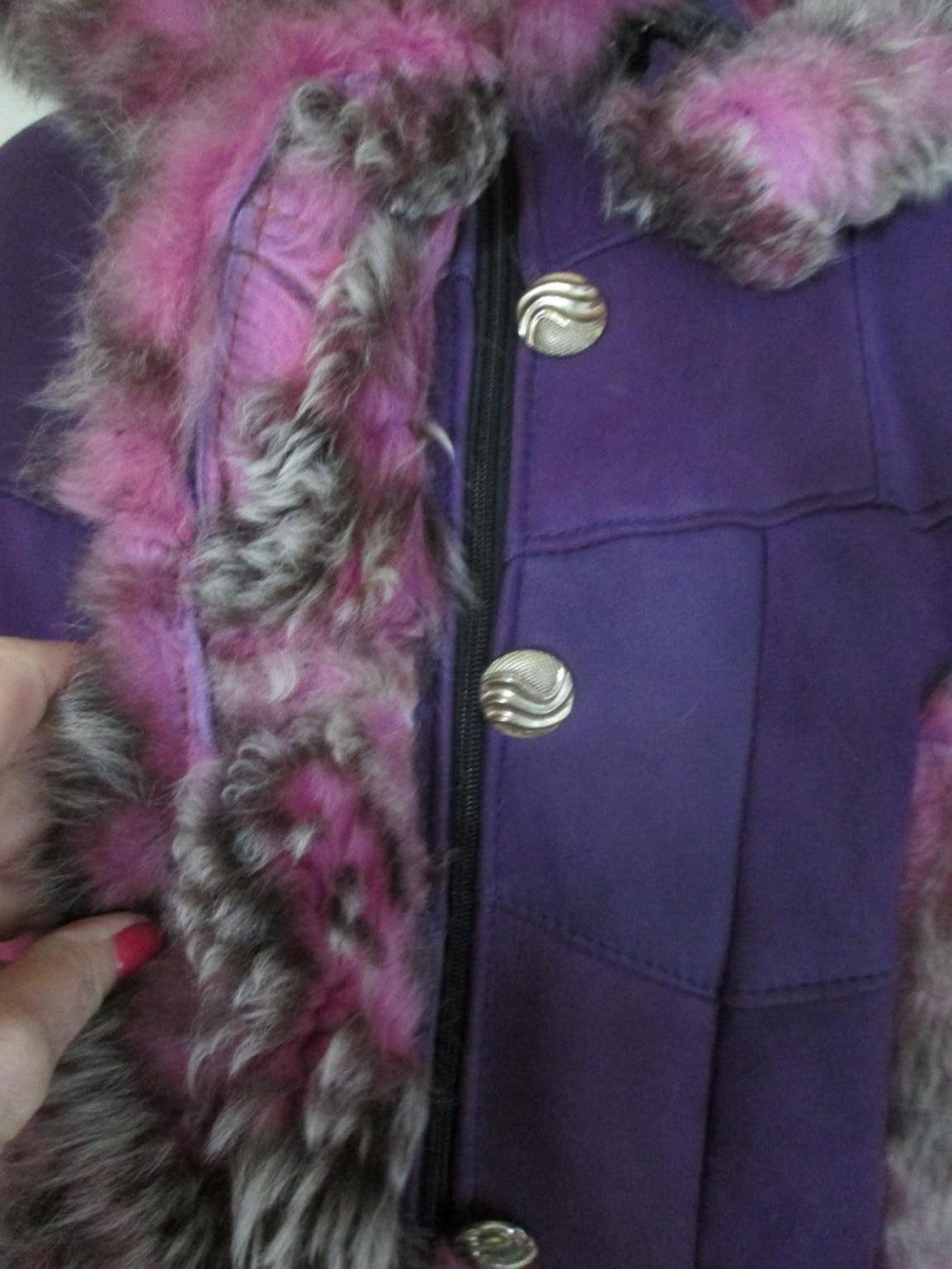 Gray Purple Pink Hooded Leather Shearling Fur Coat