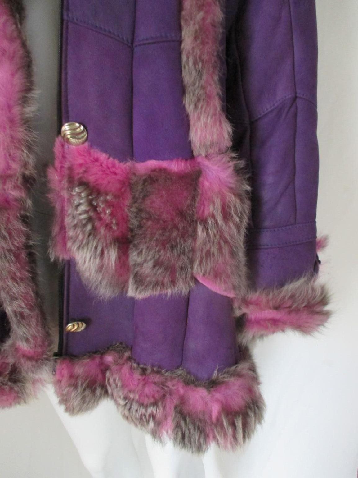 Women's or Men's Purple Pink Hooded Leather Shearling Fur Coat