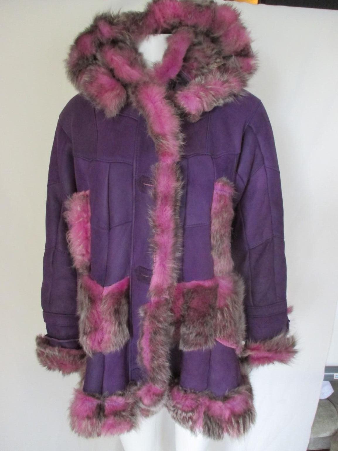 Purple Pink Hooded Leather Shearling Fur Coat 1