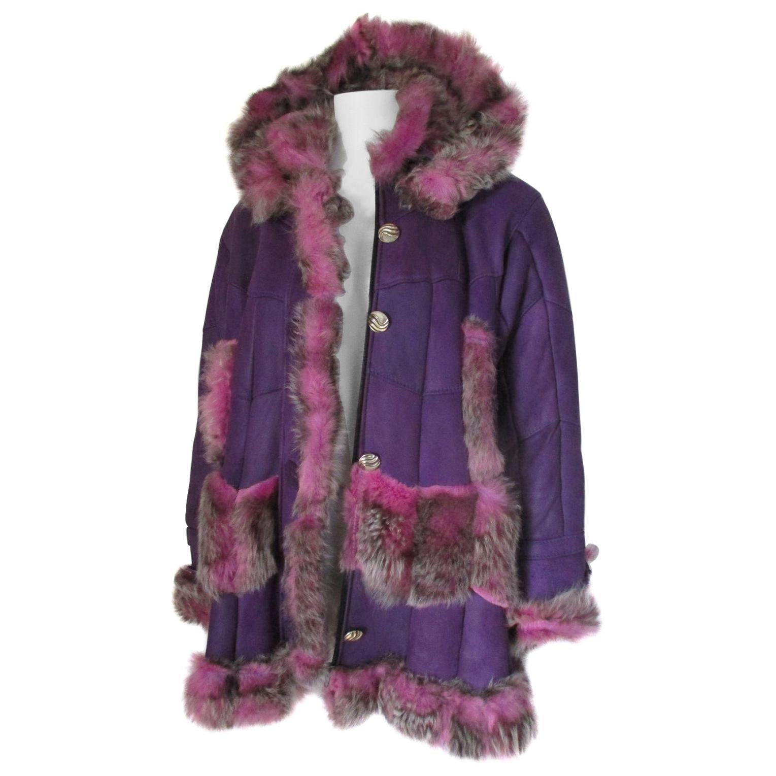Purple Pink Hooded Leather Shearling Fur Coat