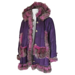 Vintage Purple Pink Hooded Leather Shearling Fur Coat