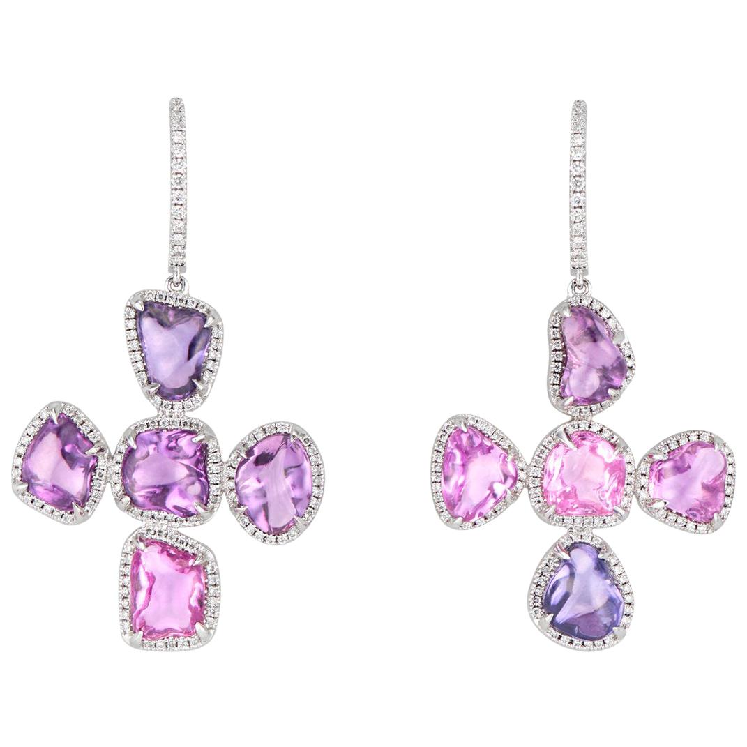 Purple Pink Sapphire and Diamond Cross Earrings