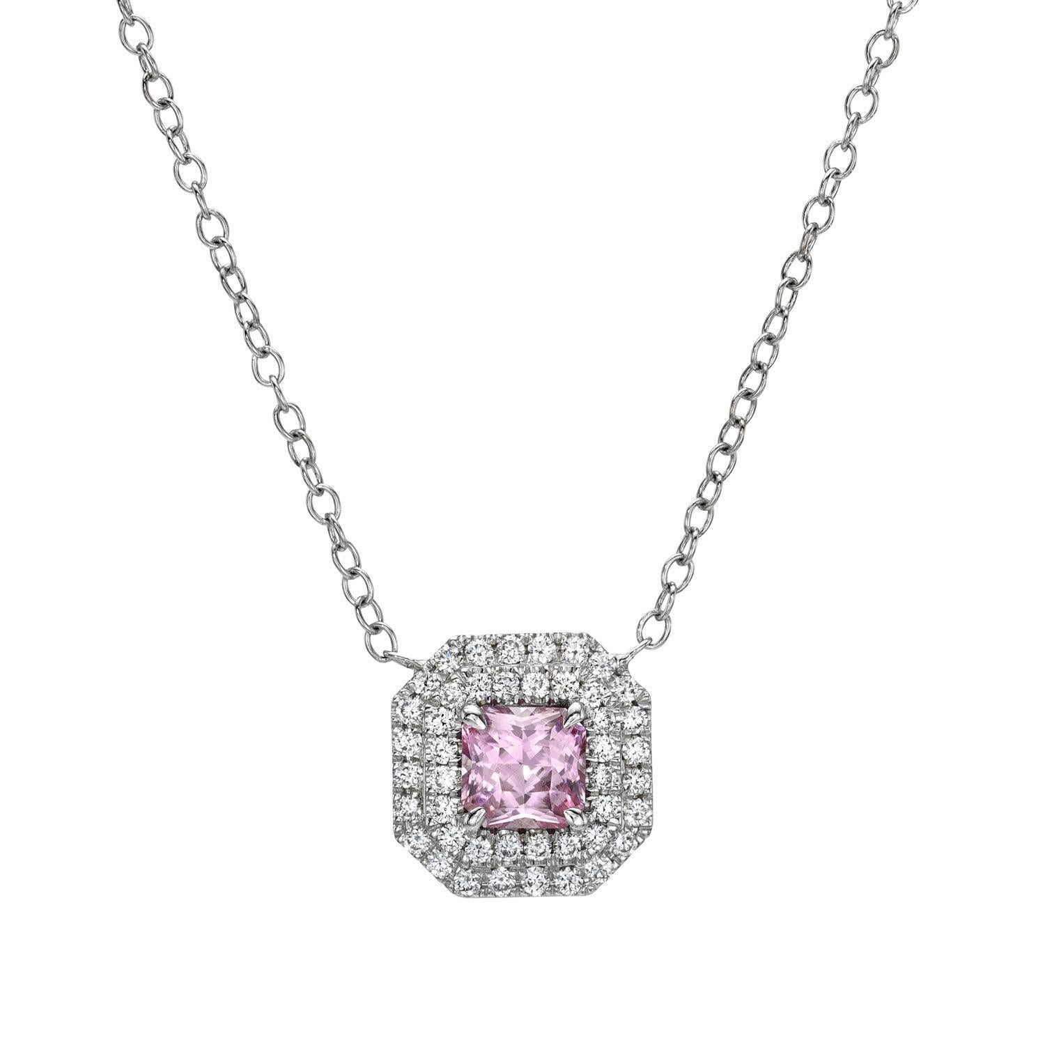 14K white gold necklace set with a 0.79 carat Purple-Pink Sapphire square radiant cut, decorated with a total of 0.27 carat round brilliant diamonds.

Returns are accepted and paid by us within 7 days of delivery.

Please FOLLOW the MERKABA
