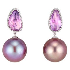 Purple Pink Sapphire Pearl and Diamond Earrings