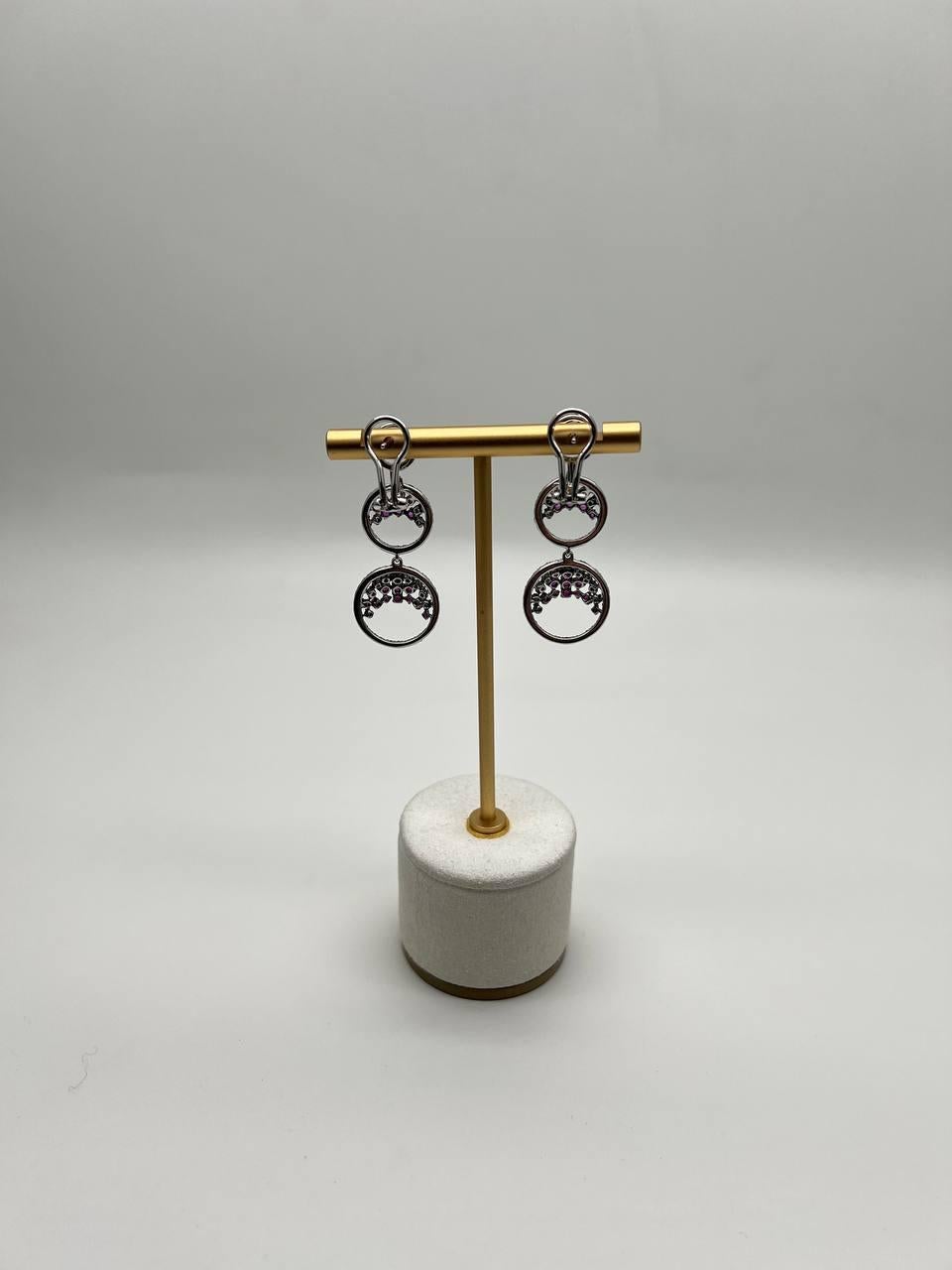 Modern Purple Pink Sapphire White Diamond Pave Set 14k White Gold Dangle Earrings For Sale