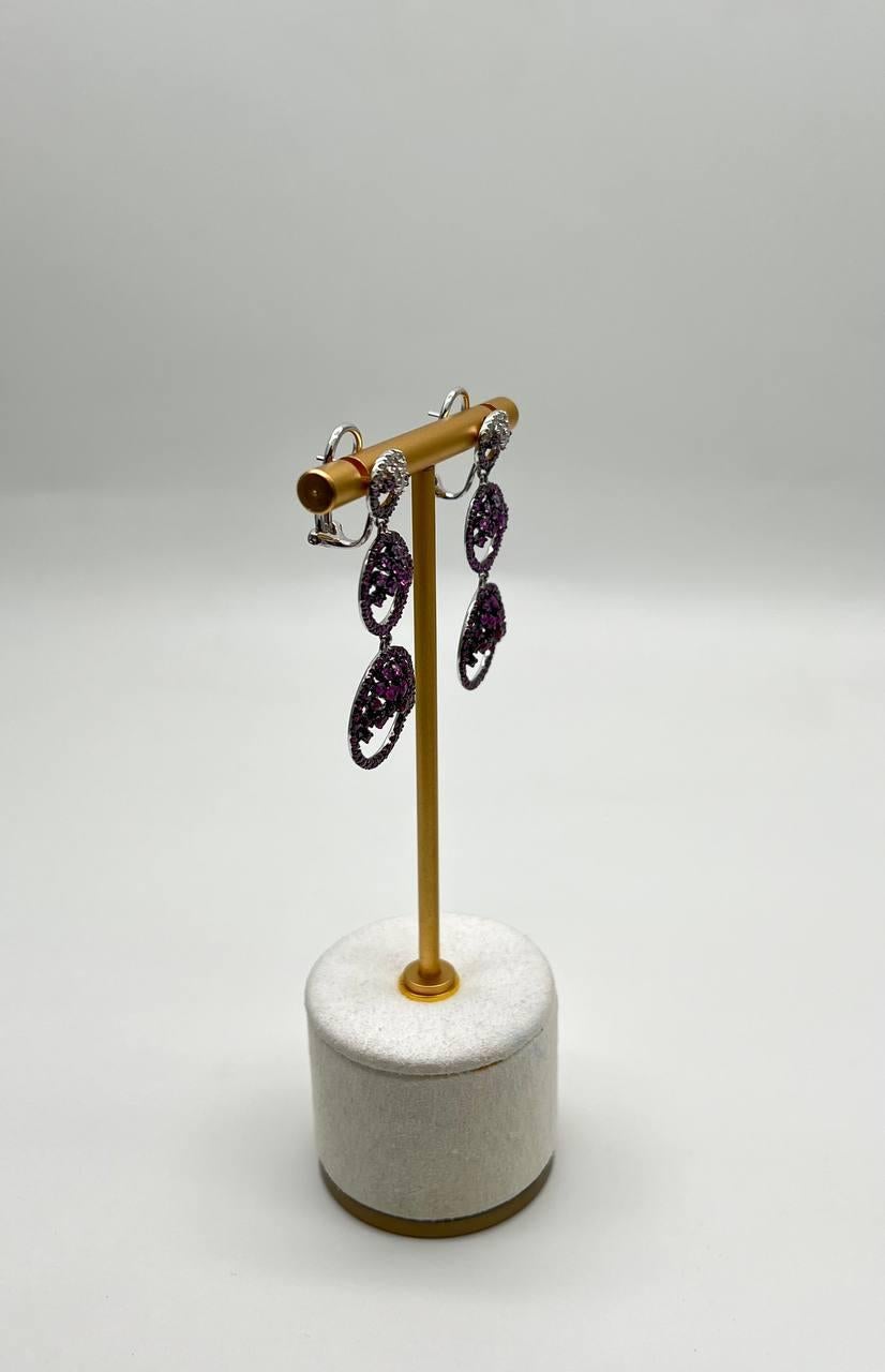 Mixed Cut Purple Pink Sapphire White Diamond Pave Set 14k White Gold Dangle Earrings For Sale