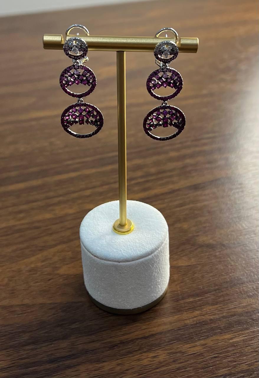 Purple Pink Sapphire White Diamond Pave Set 14k White Gold Dangle Earrings For Sale 1