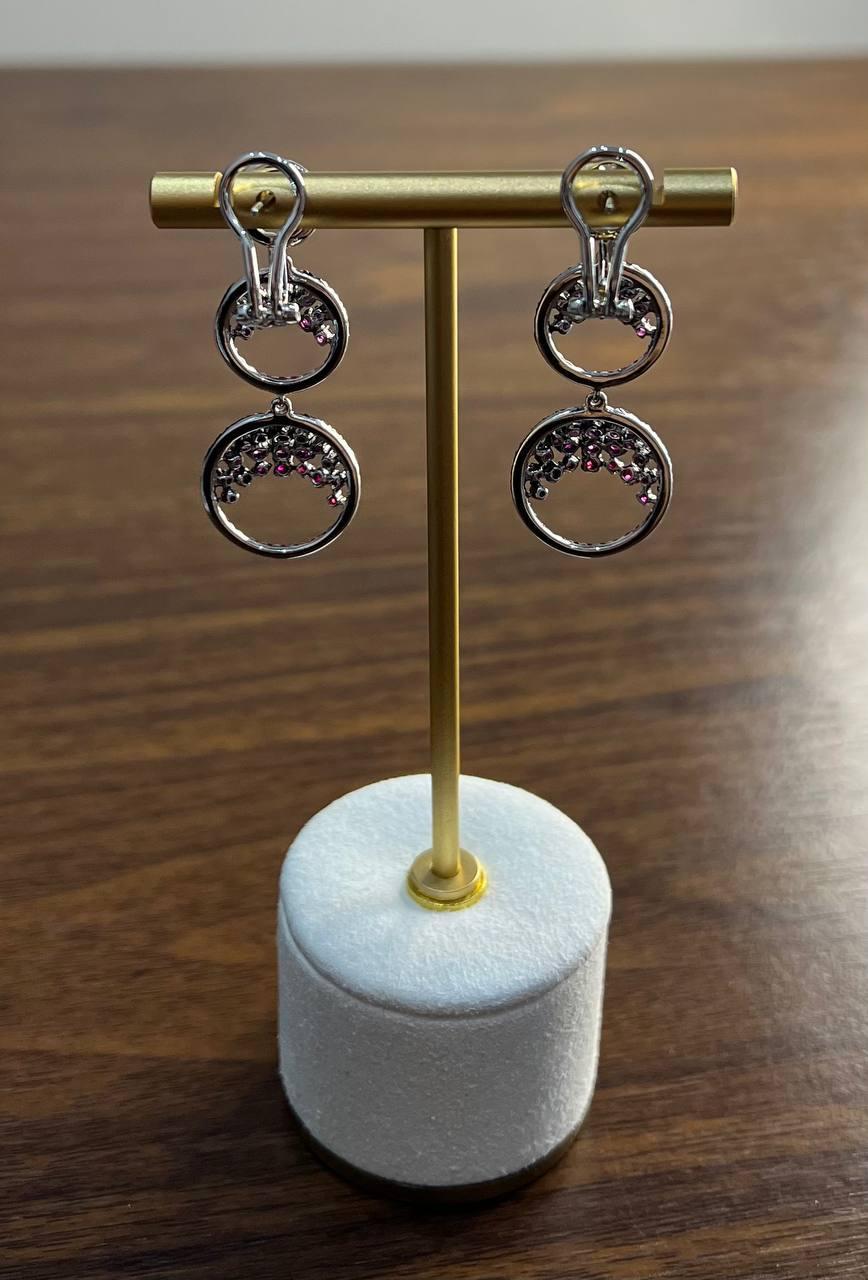 Purple Pink Sapphire White Diamond Pave Set 14k White Gold Dangle Earrings For Sale 3