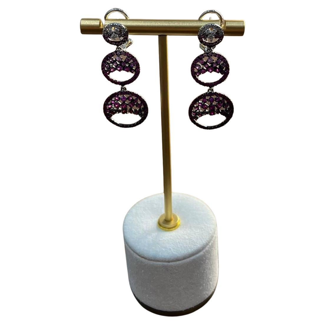 Purple Pink Sapphire White Diamond Pave Set 14k White Gold Dangle Earrings For Sale