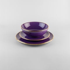 Purple plates gold rim: Soup, holder, side plate for 4. Handmade in Italy 2024