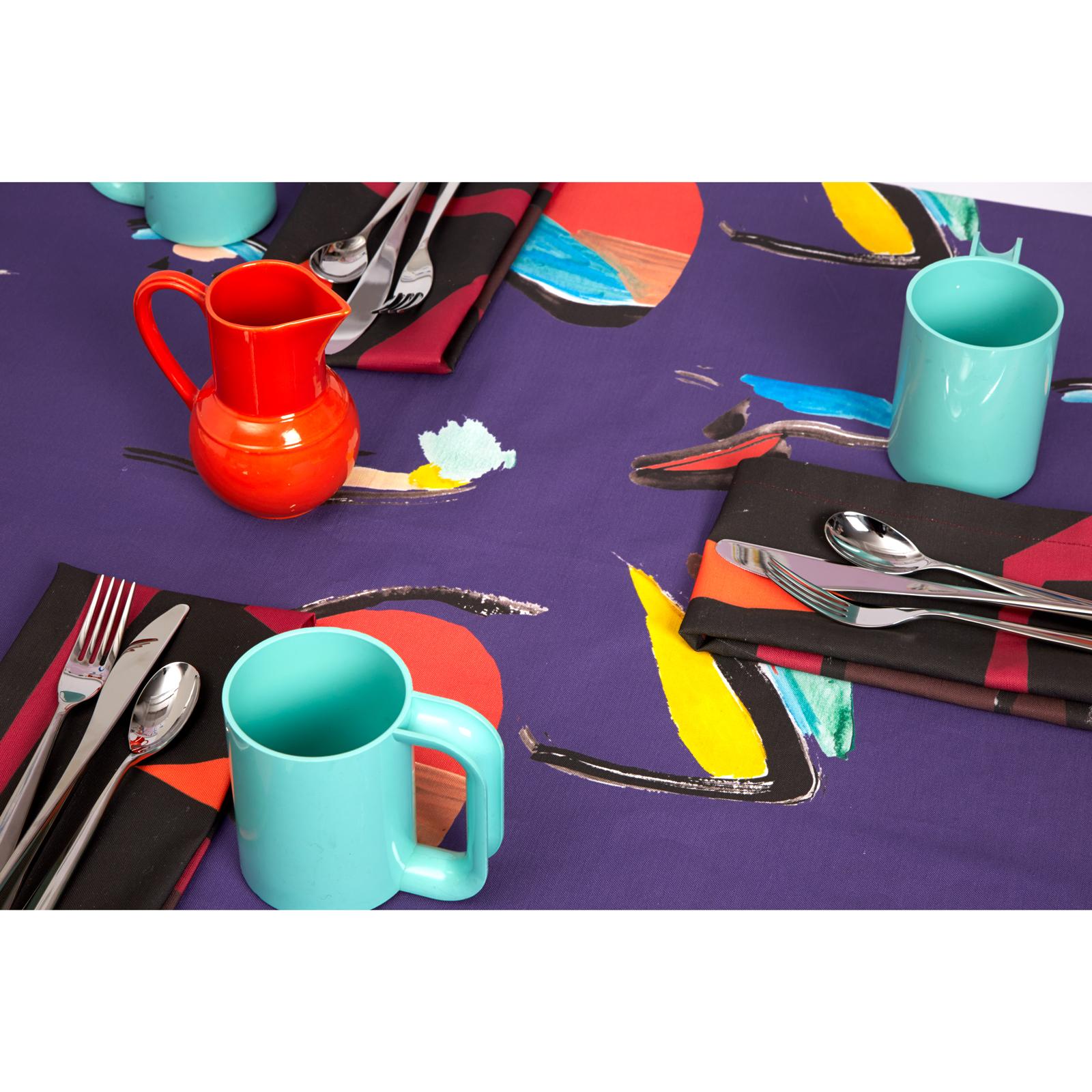 For Fort Makers, Naomi Clark paints vibrant abstract compositions on fabrics that are then digitally printed and made into useable objects. 
Each table cloth will be unique depending on cut of fabric repeat.

Materials: 55% linen and 45% combed