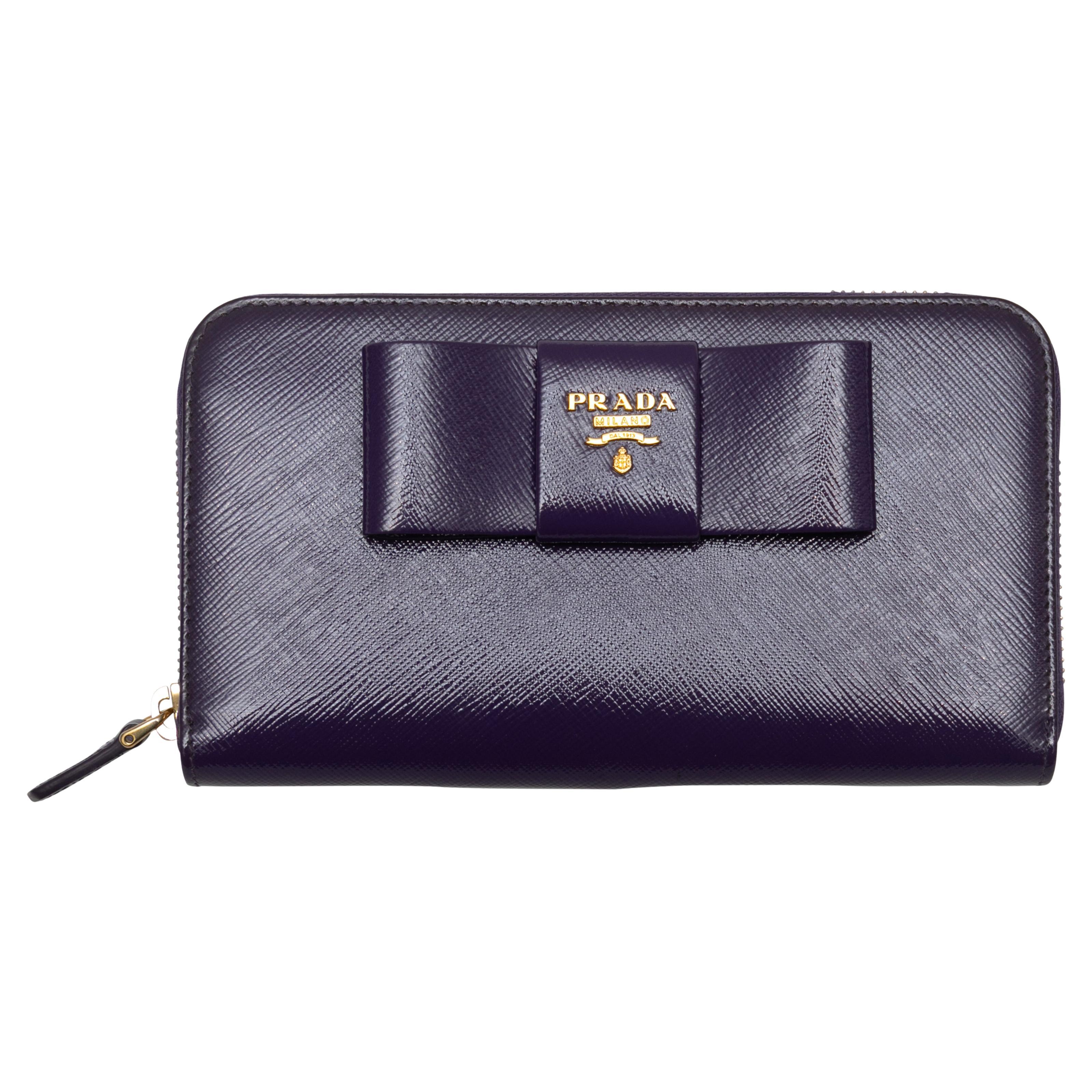 Purple Prada Patent Saffiano Fiocco Continental Wallet For Sale
