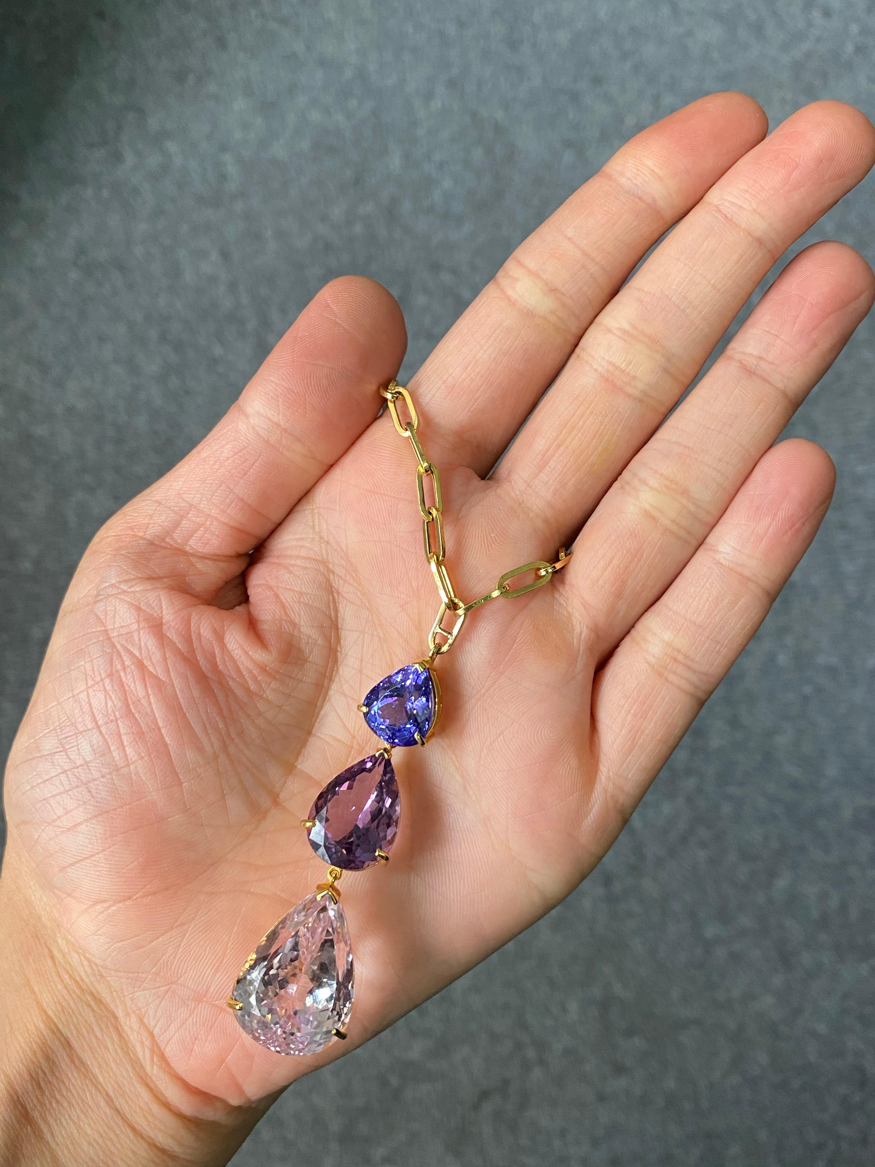 Women's or Men's Purple Raindrop 47.50ctw Tanzanite Three-Stone Pendant Necklace in 18K Gold For Sale