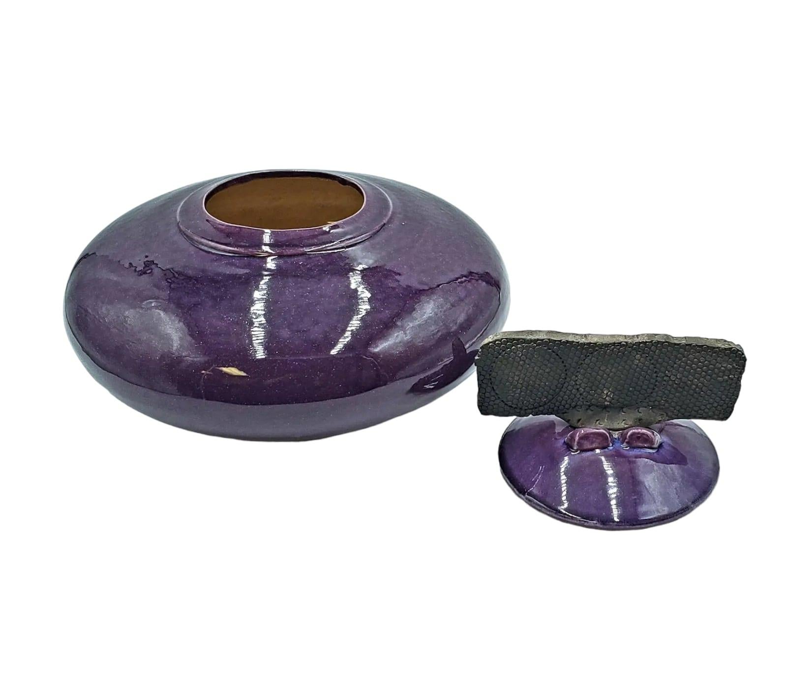 Glazed Purple Raku Artisan Crafted Lidded Pottery Terrine by M. Hines For Sale