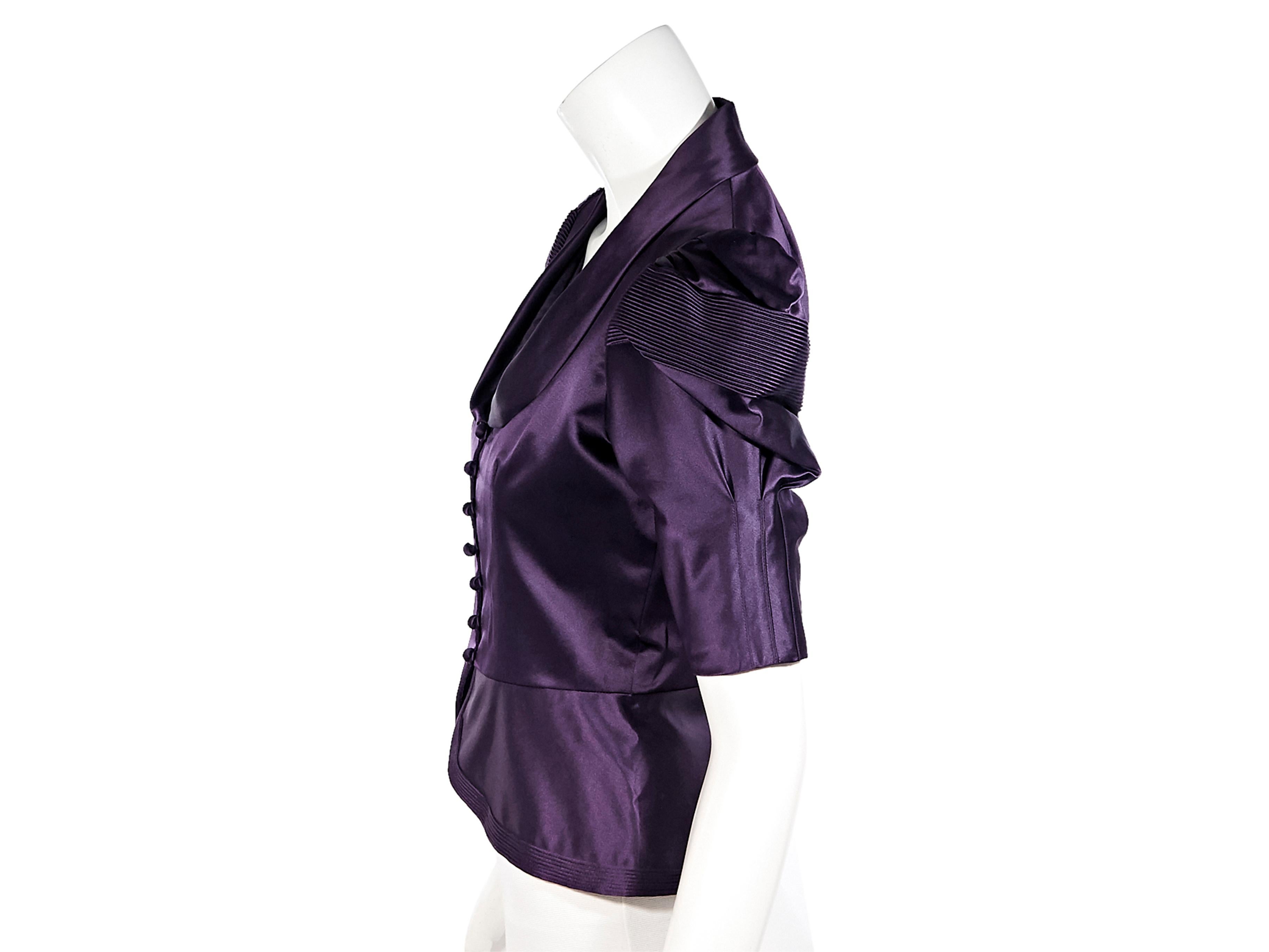Product details:  Purple satin jacket with lace tank by Ralph Lauren Black Label. Jacket: Short sleeve. Peter pan collar. Button front closures. Tank: Sleeveless. V-neck. Embroidered lace. Adjustable shoulder straps.  Style yours with slim-fit