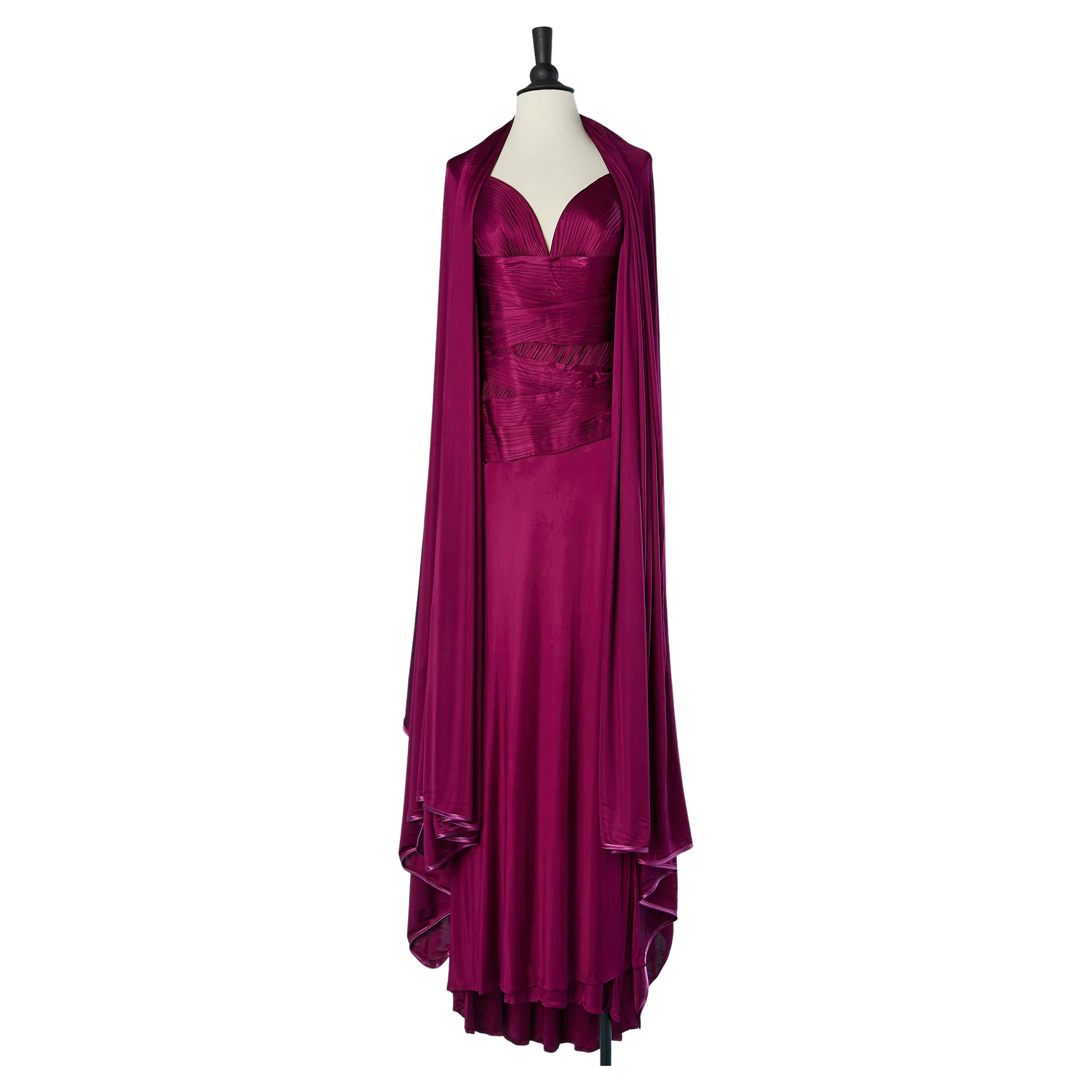Purple rayon jersey backless draped evening dress with shawl Versace 
