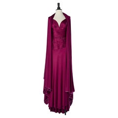 Purple rayon jersey backless draped evening dress with shawl Versace 