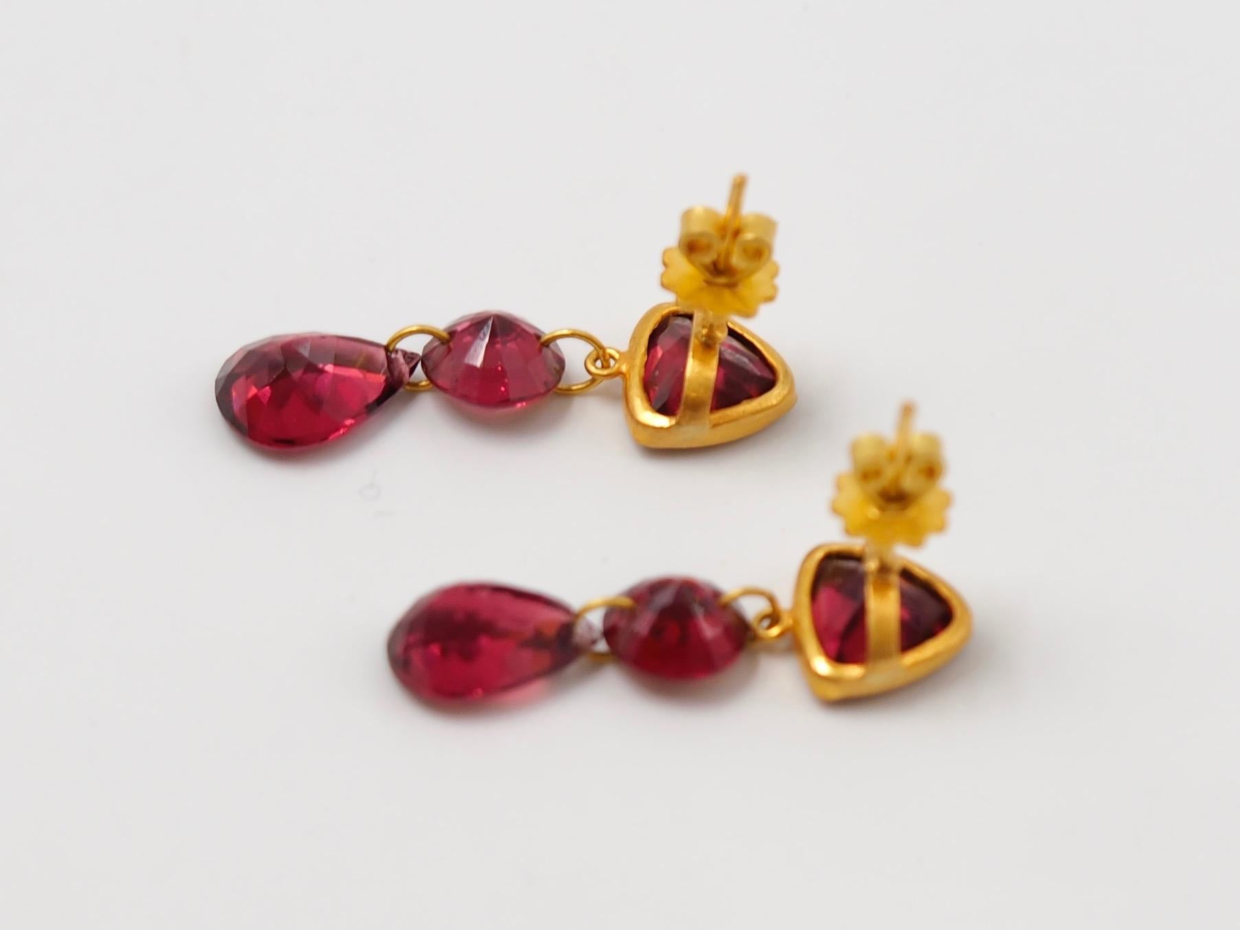 Contemporary Purple Red Garnet 22 Karat Gold Drop Push Earring
