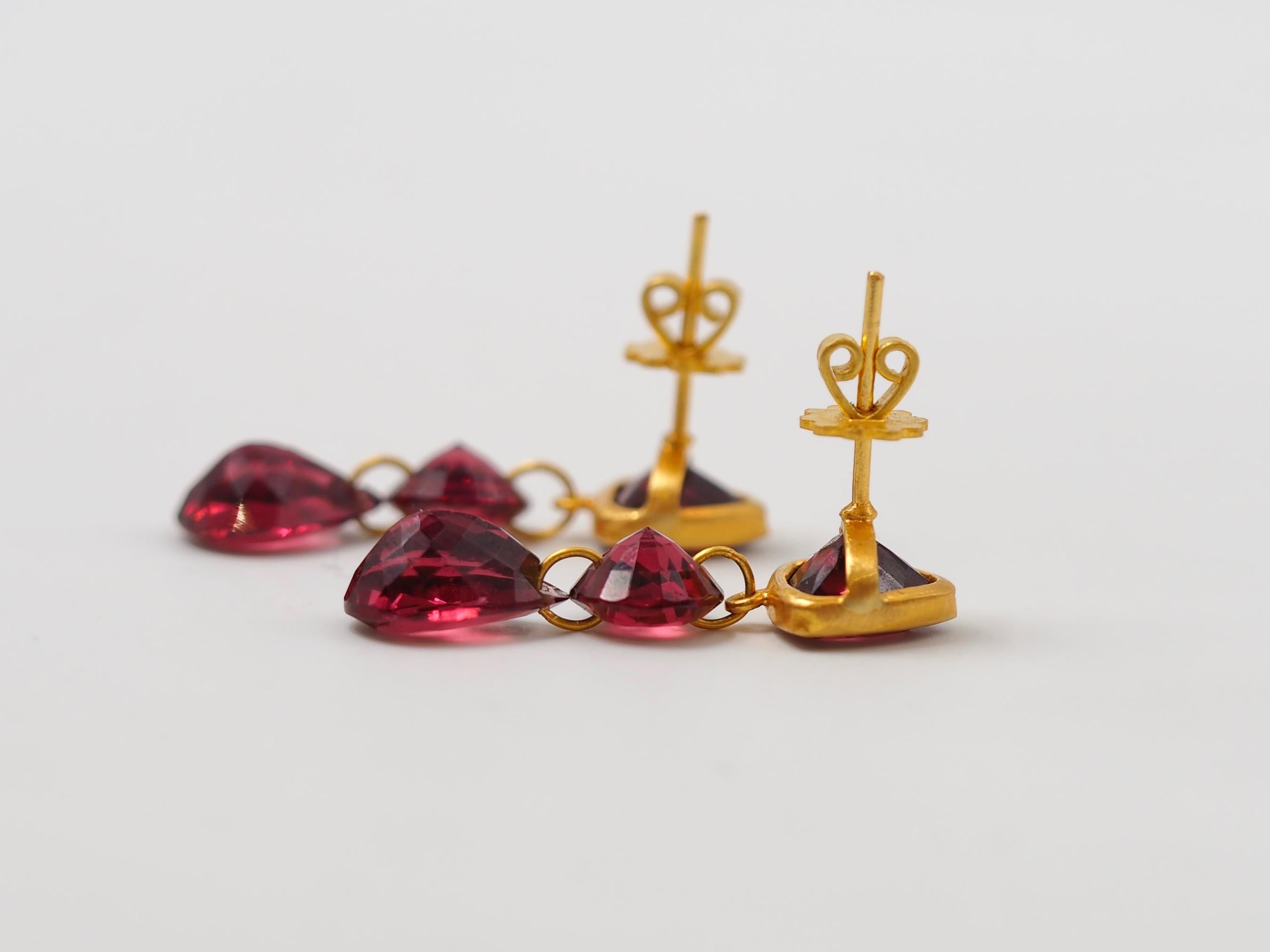 Pear Cut Purple Red Garnet 22 Karat Gold Drop Push Earring
