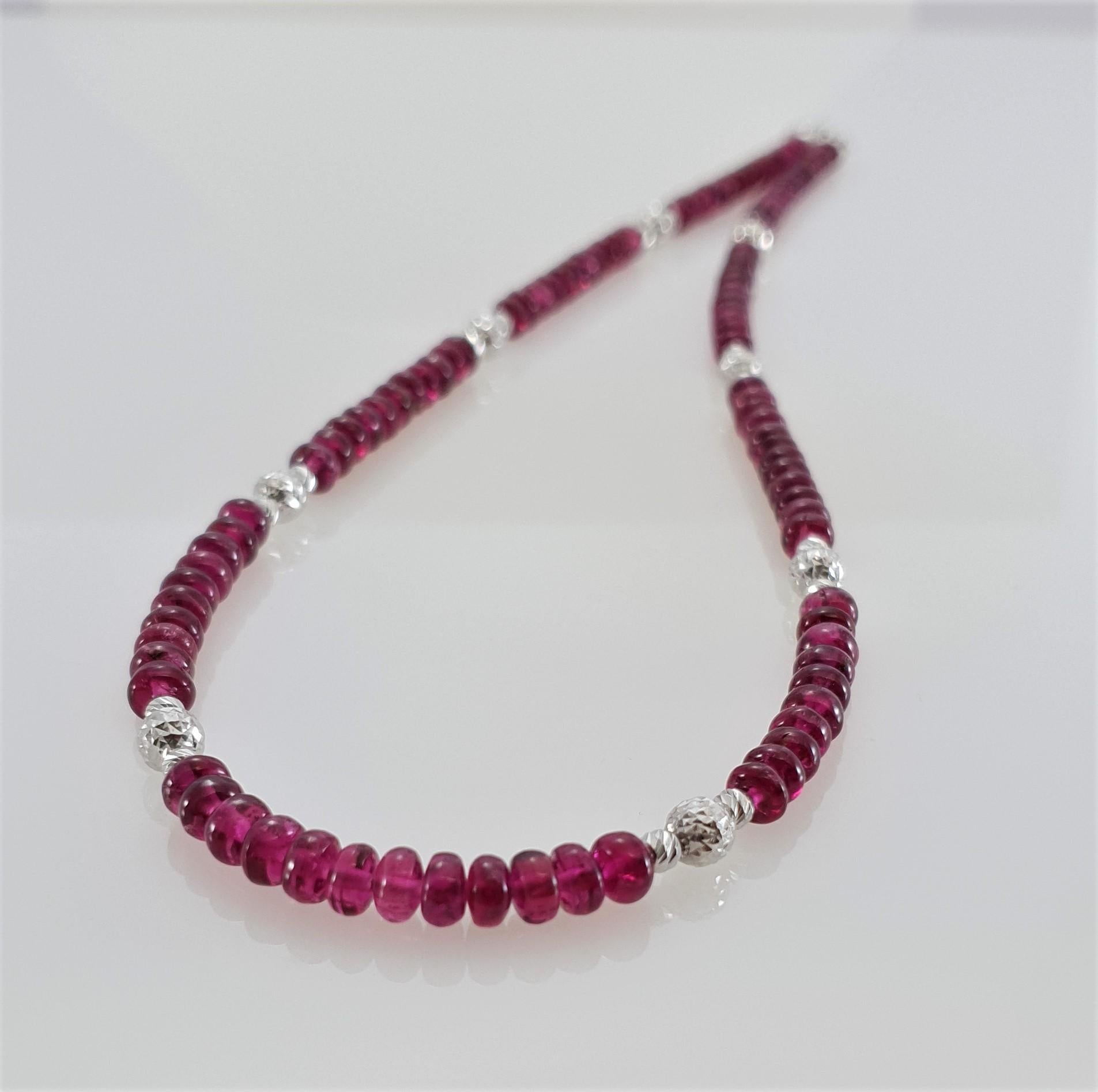 Women's Purple Red Rubelite Tourmaline Rondel Beaded Necklace with 18 Carat White Gold