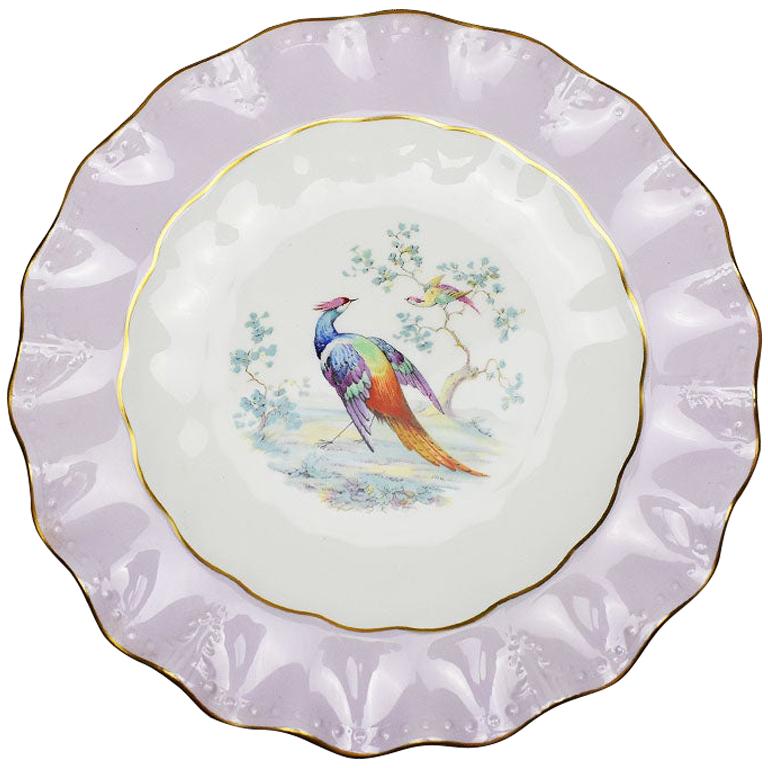 Purple Royal Crown Derby Bone China Colorful Scalloped Peacock Plate, England For Sale