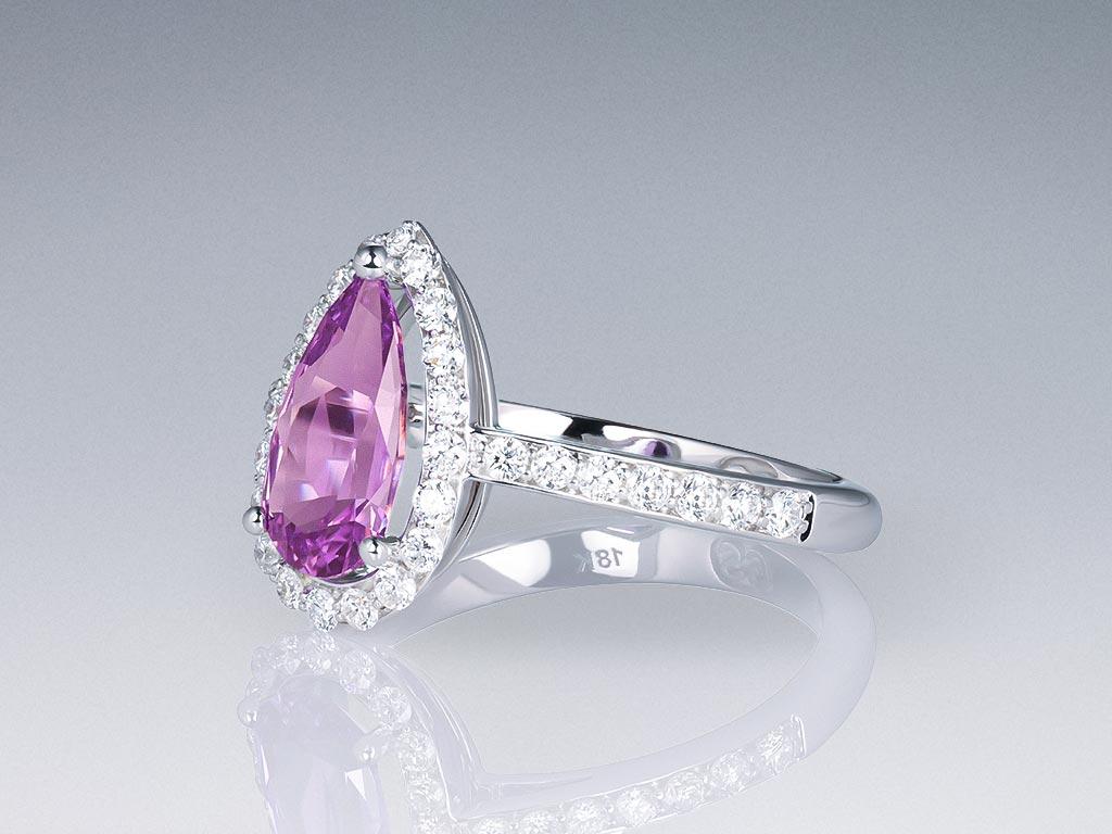 Pear Cut Purple Sapphire 1.23 carat Ring with diamonds in 18K white gold For Sale