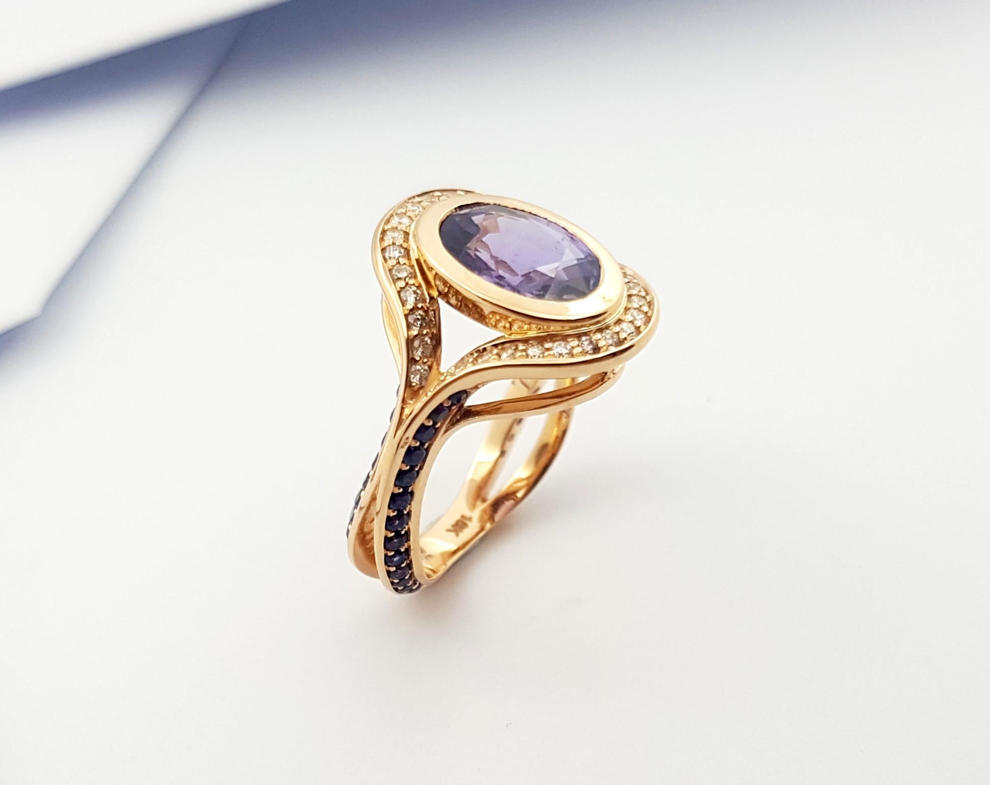 Purple Sapphire and Brown Diamond Ring Set in 18k Rose Gold Settings For Sale 4