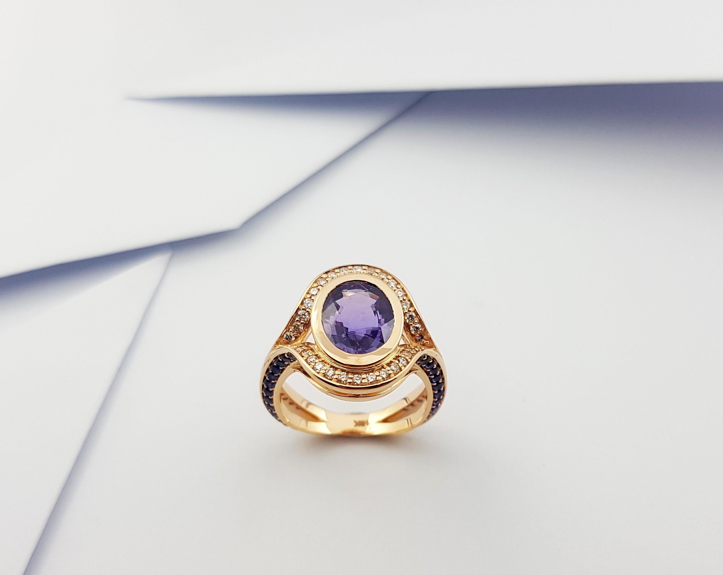 Purple Sapphire and Brown Diamond Ring Set in 18k Rose Gold Settings For Sale 5