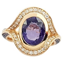 Bague en saphir violet et diamant brun sertie d'or rose 18K