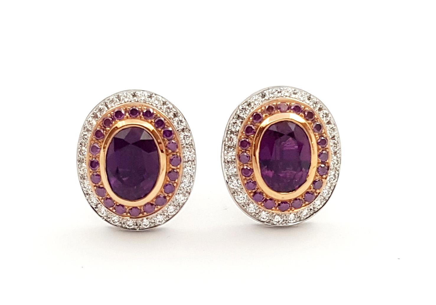 Contemporary Purple Sapphire and Diamond Earrings set in 18K White/Rose Gold Settings For Sale