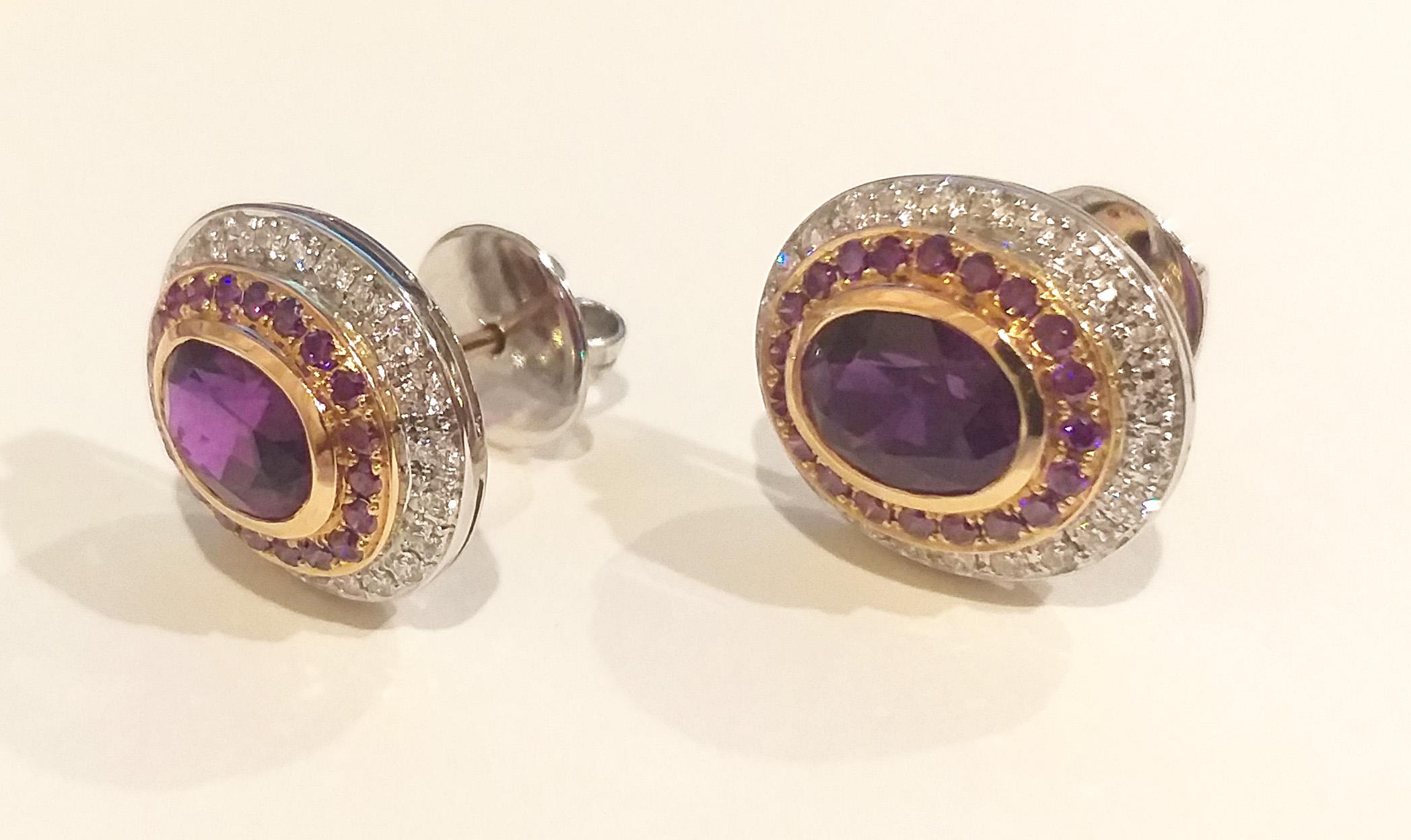Women's Purple Sapphire and Diamond Earrings set in 18K White/Rose Gold Settings For Sale