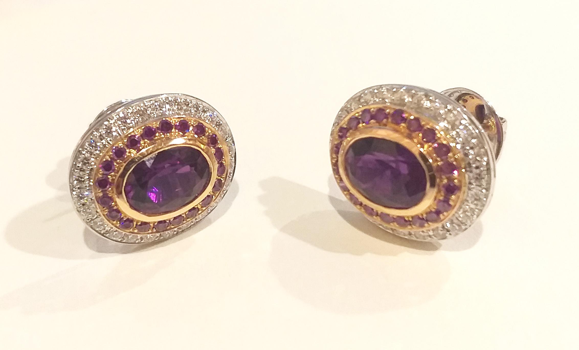 Purple Sapphire and Diamond Earrings set in 18K White/Rose Gold Settings For Sale 1