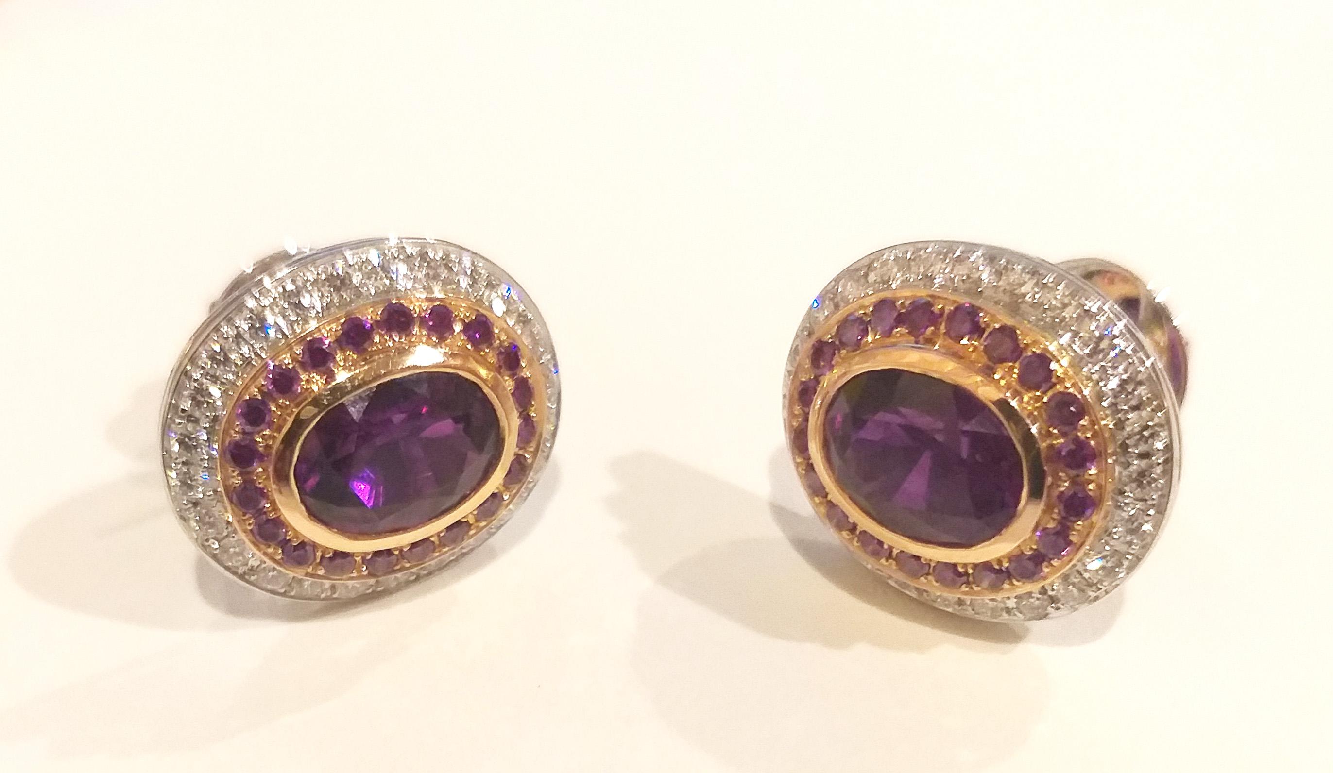 Purple Sapphire and Diamond Earrings set in 18K White/Rose Gold Settings For Sale 2