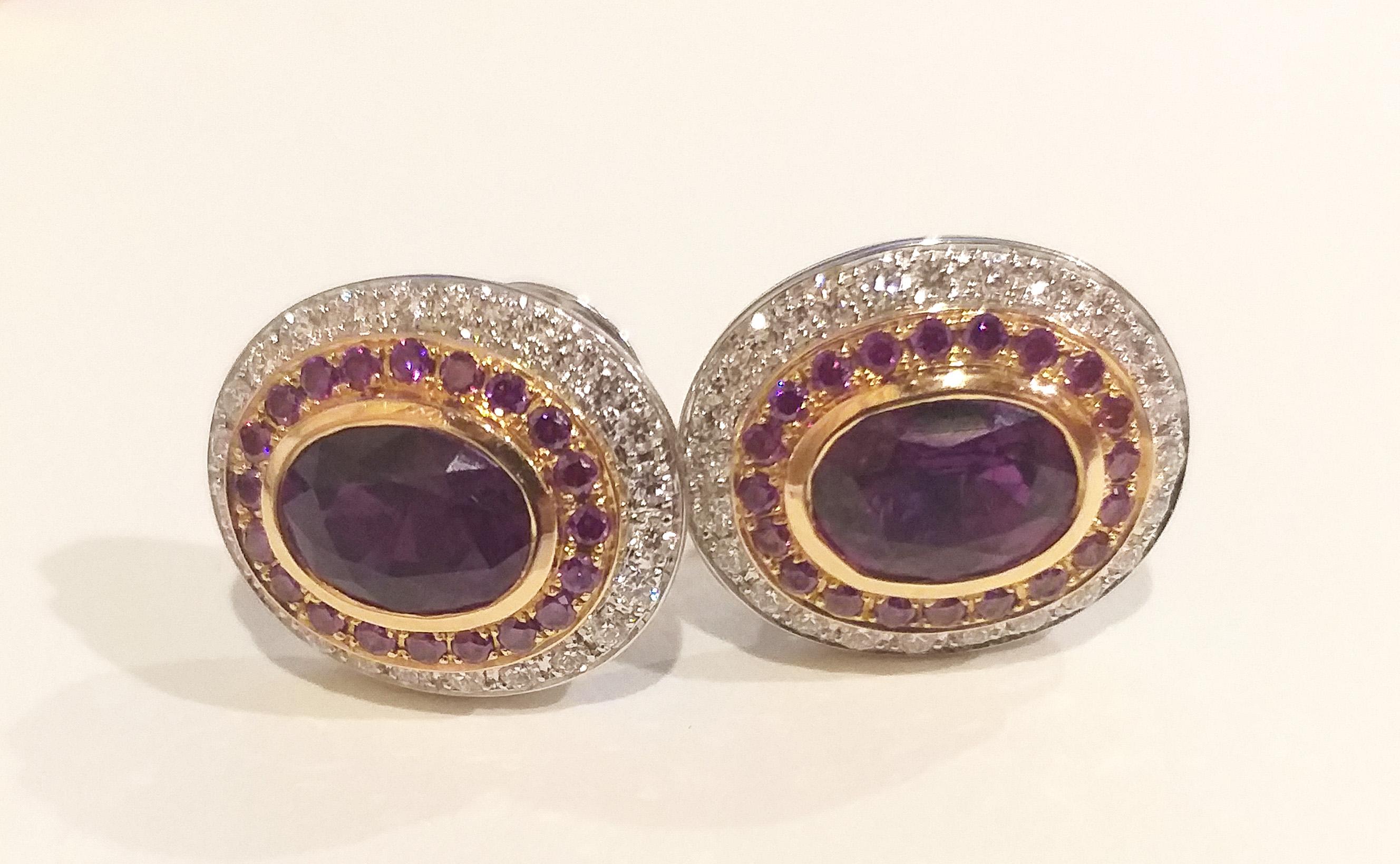 Purple Sapphire and Diamond Earrings set in 18K White/Rose Gold Settings For Sale 3