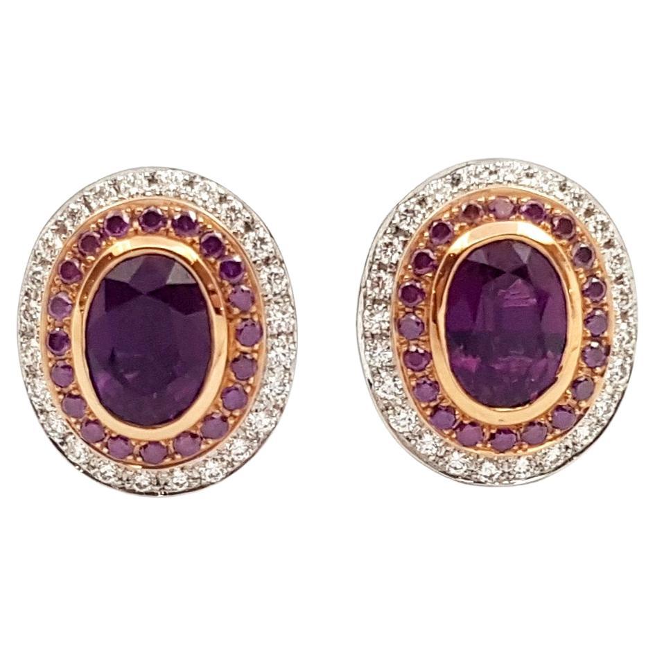 Purple Sapphire and Diamond Earrings set in 18K White/Rose Gold Settings For Sale