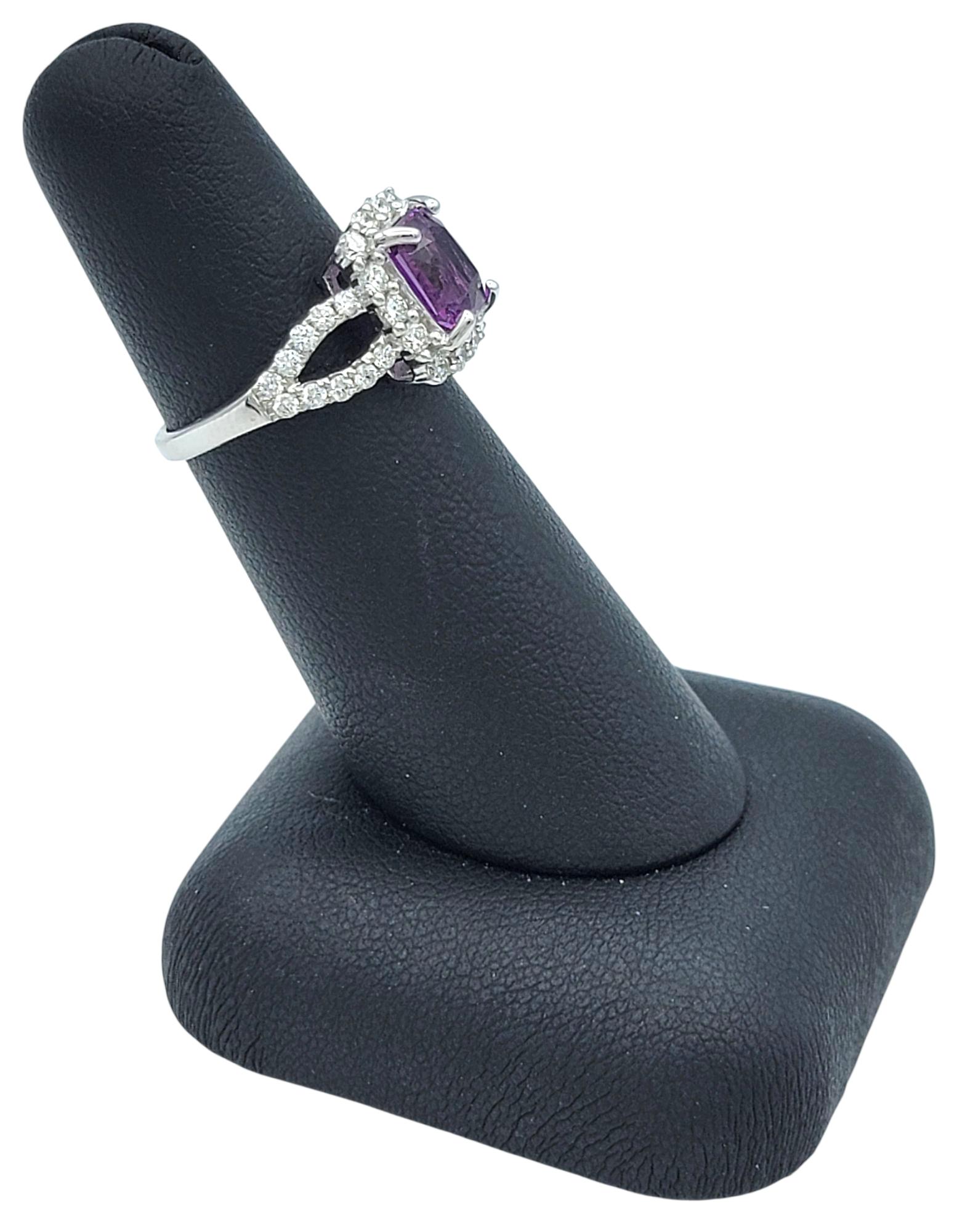 Purple Sapphire and Diamond Halo Split Shank Cocktail Ring 14 Karat White Gold in vendita 4