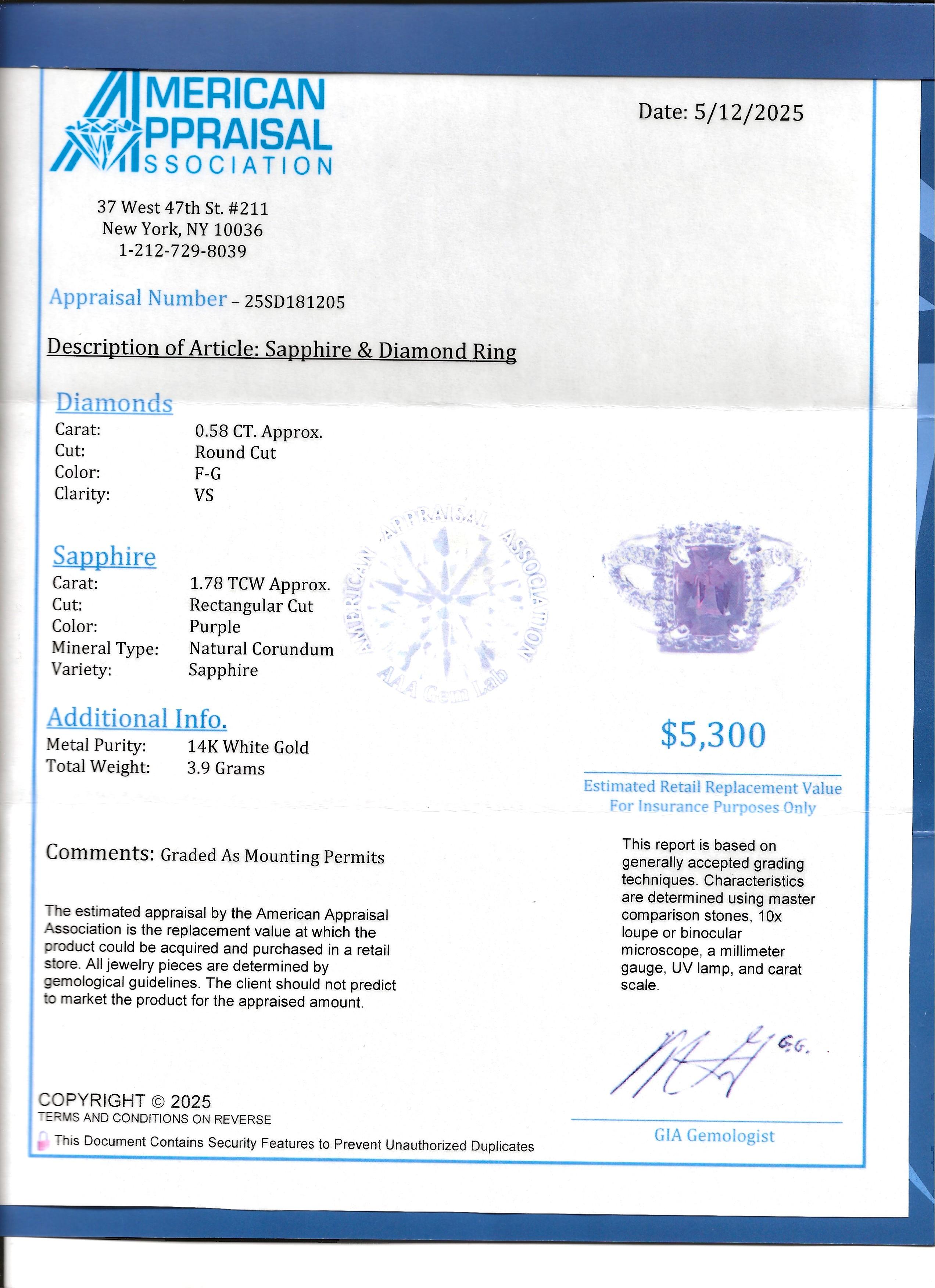 Purple Sapphire and Diamond Halo Split Shank Cocktail Ring 14 Karat White Gold in vendita 5