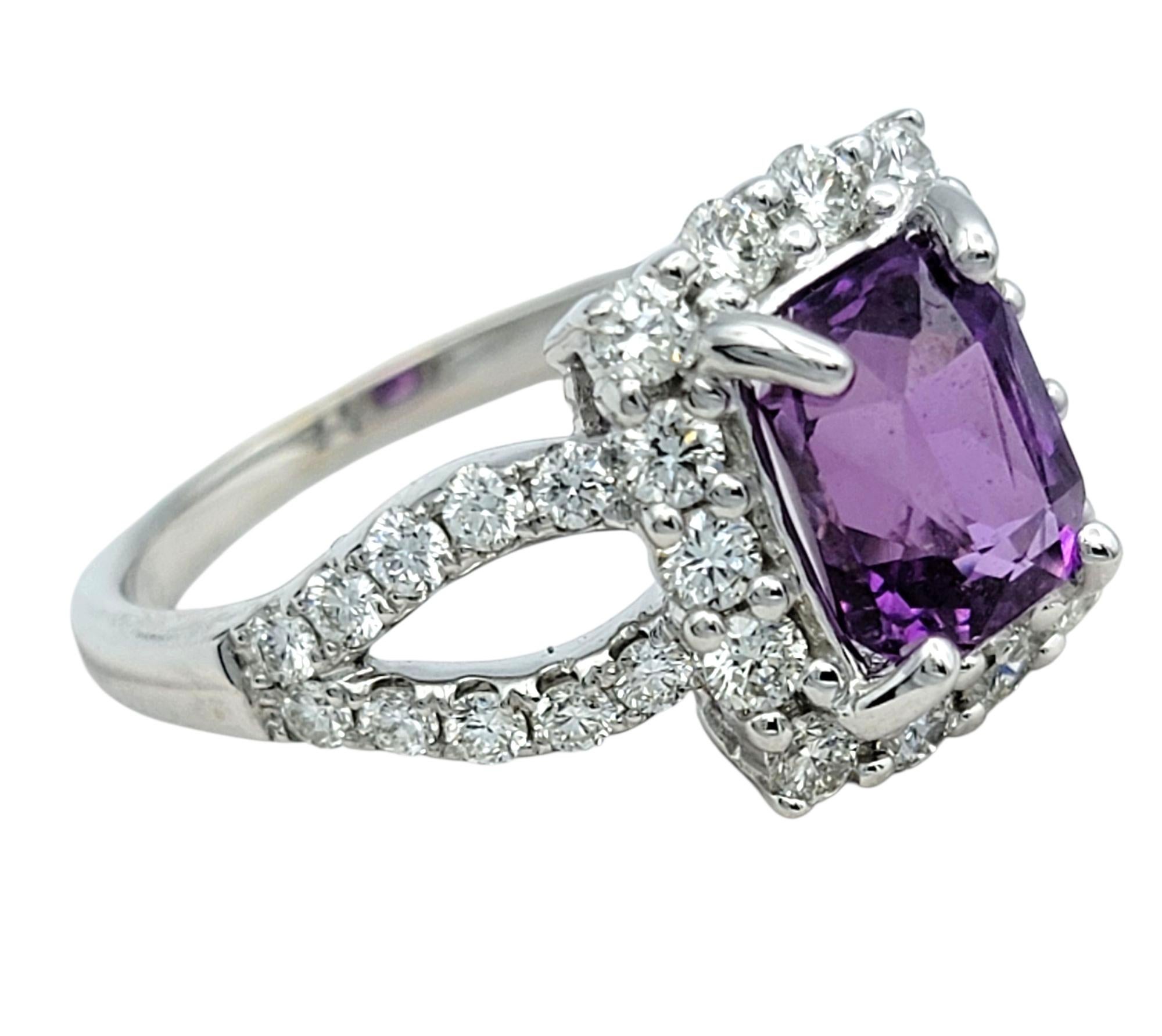 Contemporaneo Purple Sapphire and Diamond Halo Split Shank Cocktail Ring 14 Karat White Gold in vendita