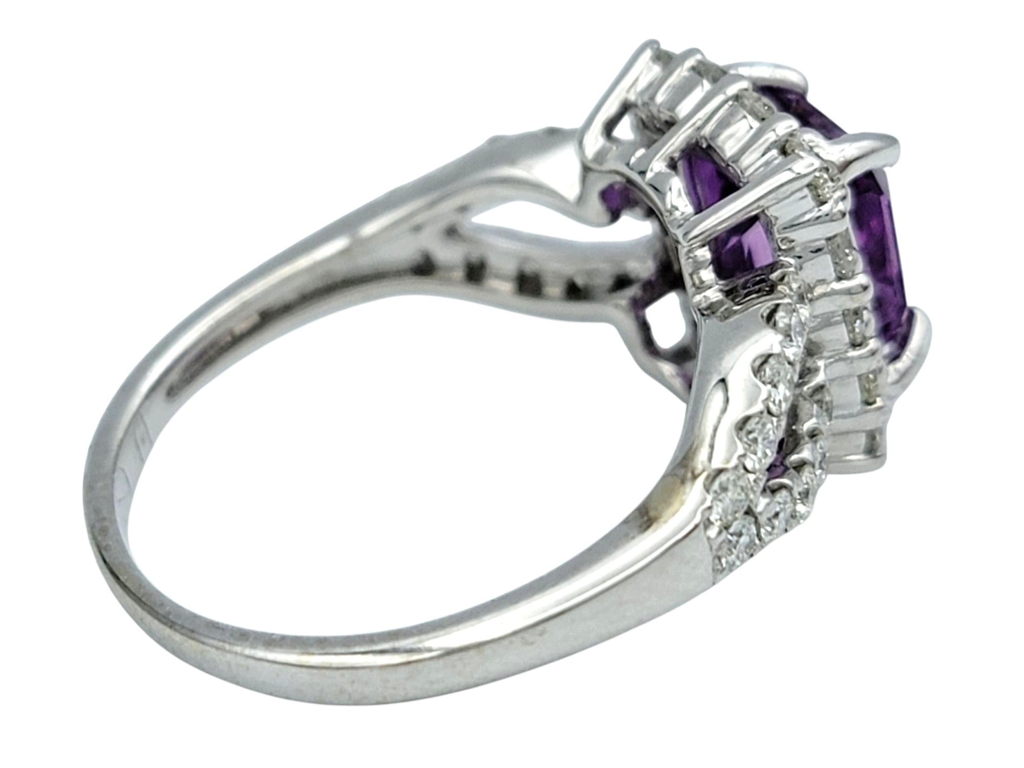 Taglio cuscino Purple Sapphire and Diamond Halo Split Shank Cocktail Ring 14 Karat White Gold in vendita