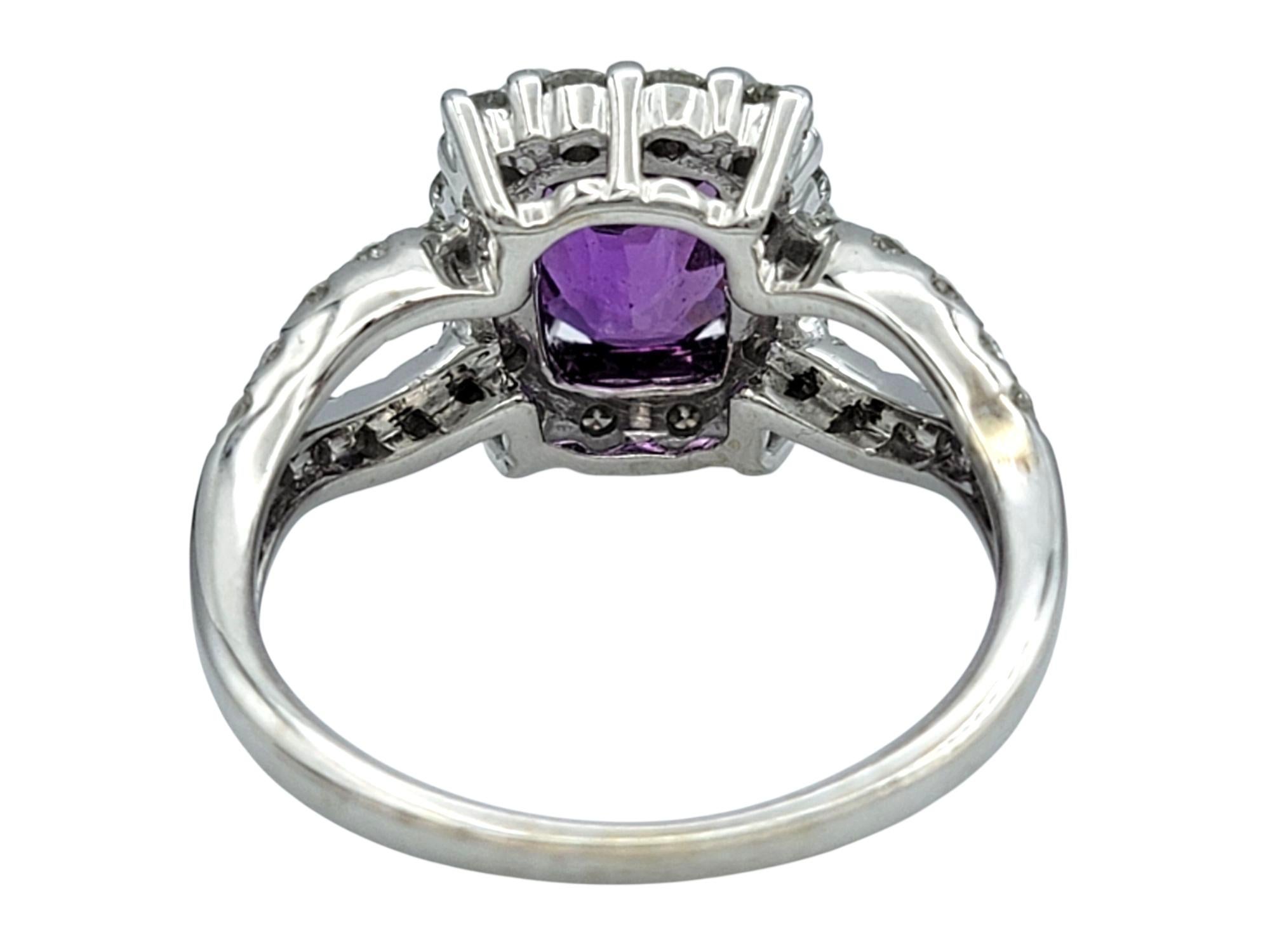 Purple Sapphire and Diamond Halo Split Shank Cocktail Ring 14 Karat White Gold In condizioni buone in vendita a Scottsdale, AZ