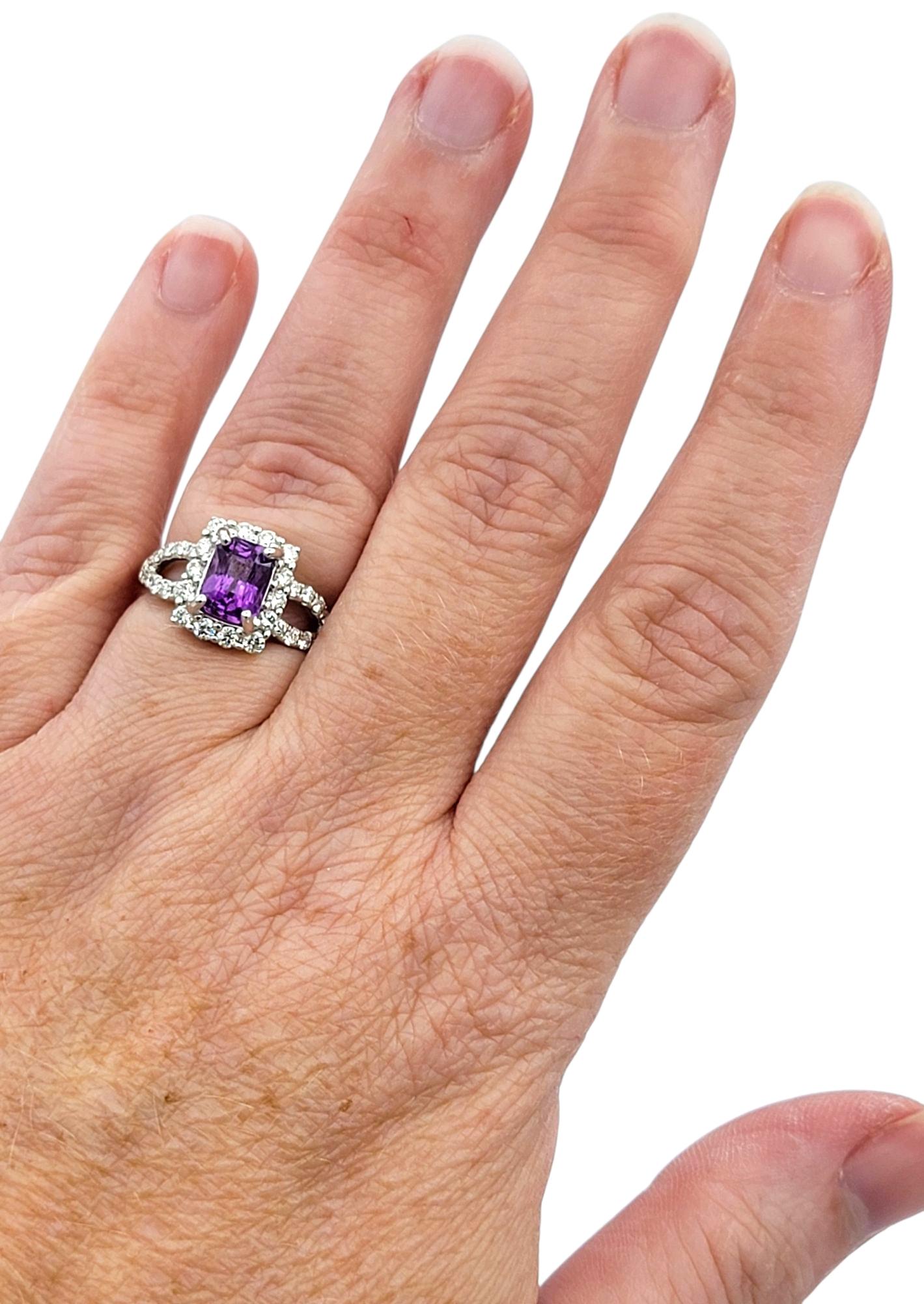 Purple Sapphire and Diamond Halo Split Shank Cocktail Ring 14 Karat White Gold in vendita 1