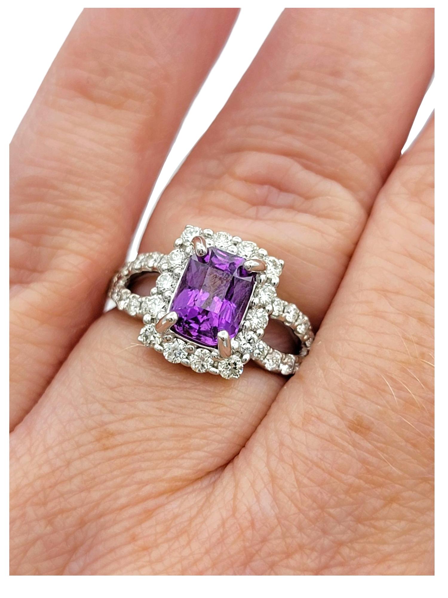 Purple Sapphire and Diamond Halo Split Shank Cocktail Ring 14 Karat White Gold in vendita 2