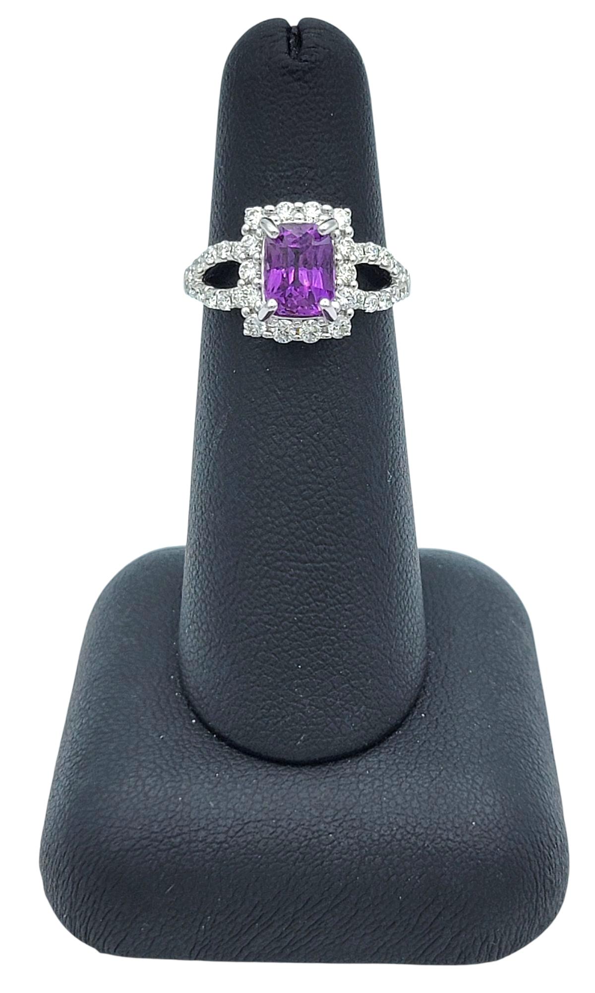 Purple Sapphire and Diamond Halo Split Shank Cocktail Ring 14 Karat White Gold in vendita 3