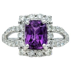 Purple Sapphire and Diamond Halo Split Shank Cocktail Ring 14 Karat White Gold