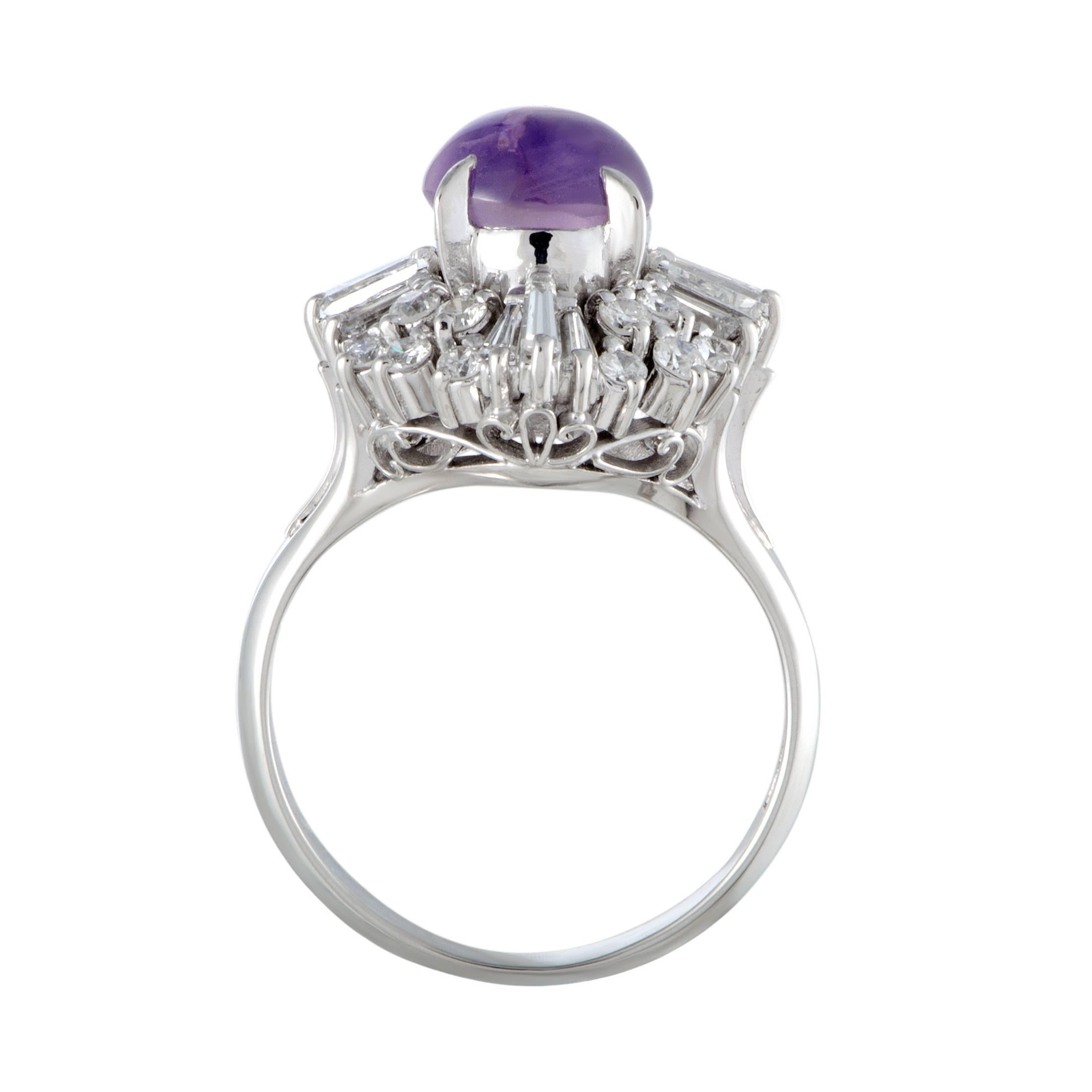 The incredibly luxurious diamonds and the splendid purple sapphire create a sublime visual effect in this gorgeous ring that is wonderfully made of the ever-prestigious platinum. The diamonds weigh in total 0.84 carats while the sapphire weighs 3.15