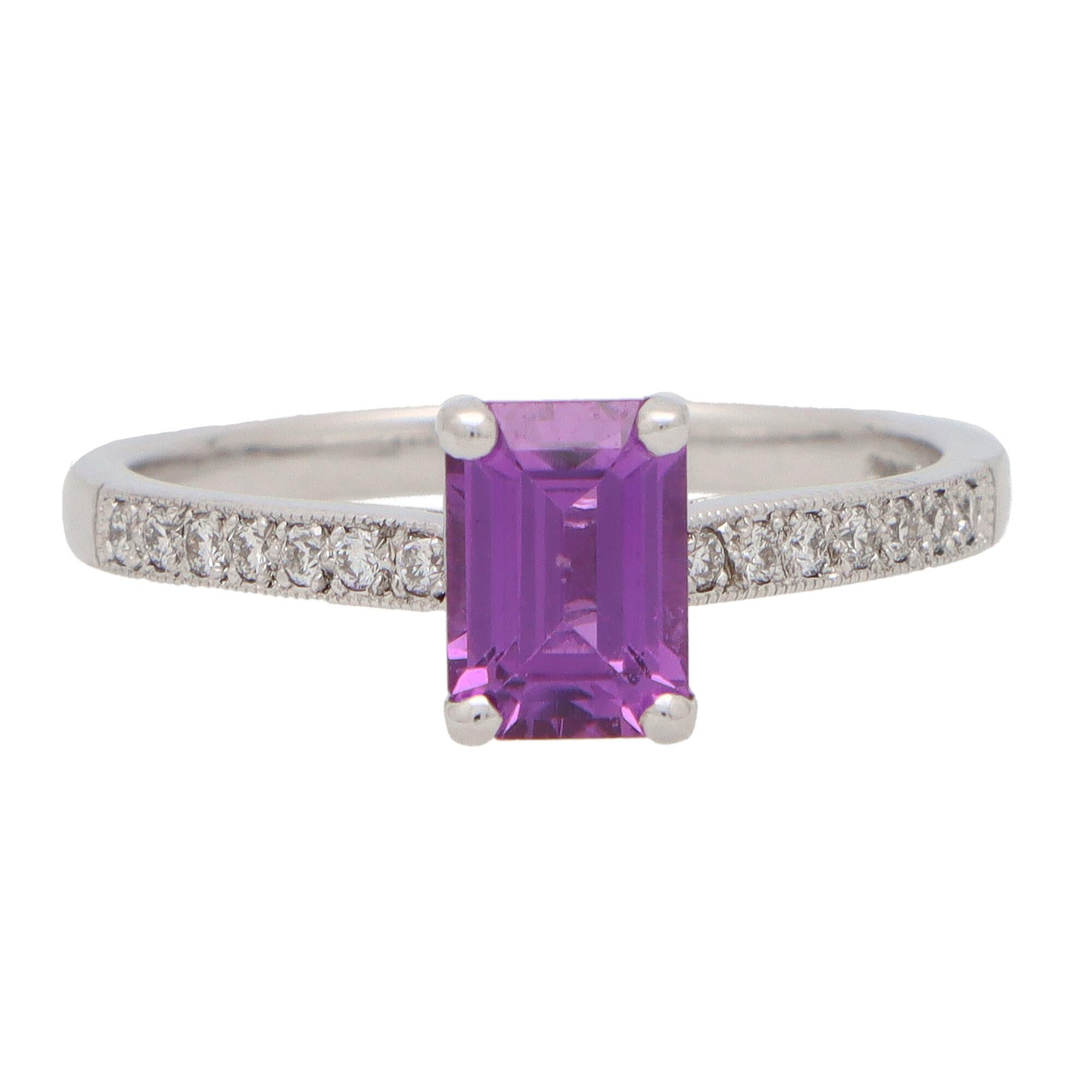 Modern Purple Sapphire and Diamond Solitaire Ring Set in 18k White Gold